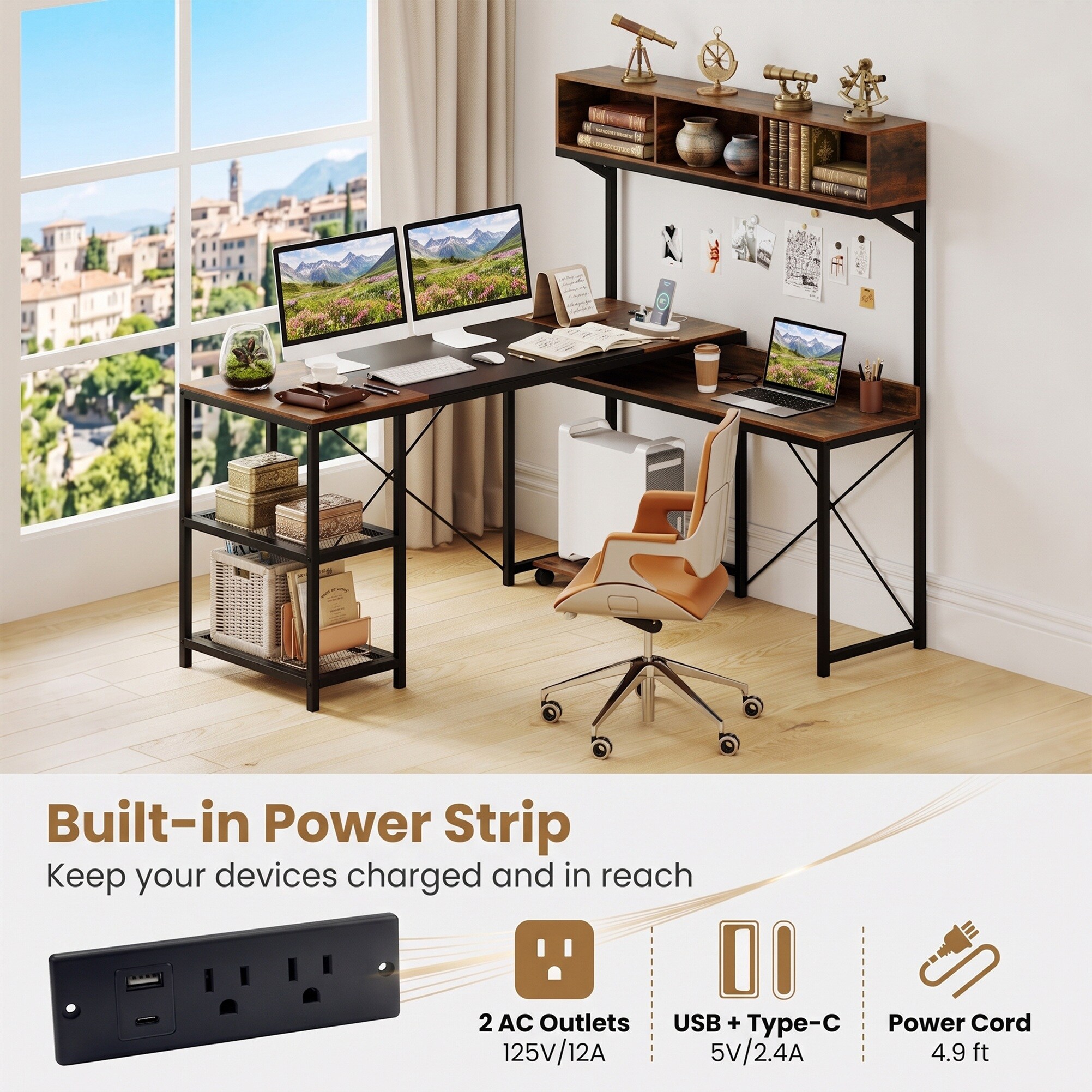 Gtnali 62 inch Brown L Shaped Reversible Computer Desk with Power ...