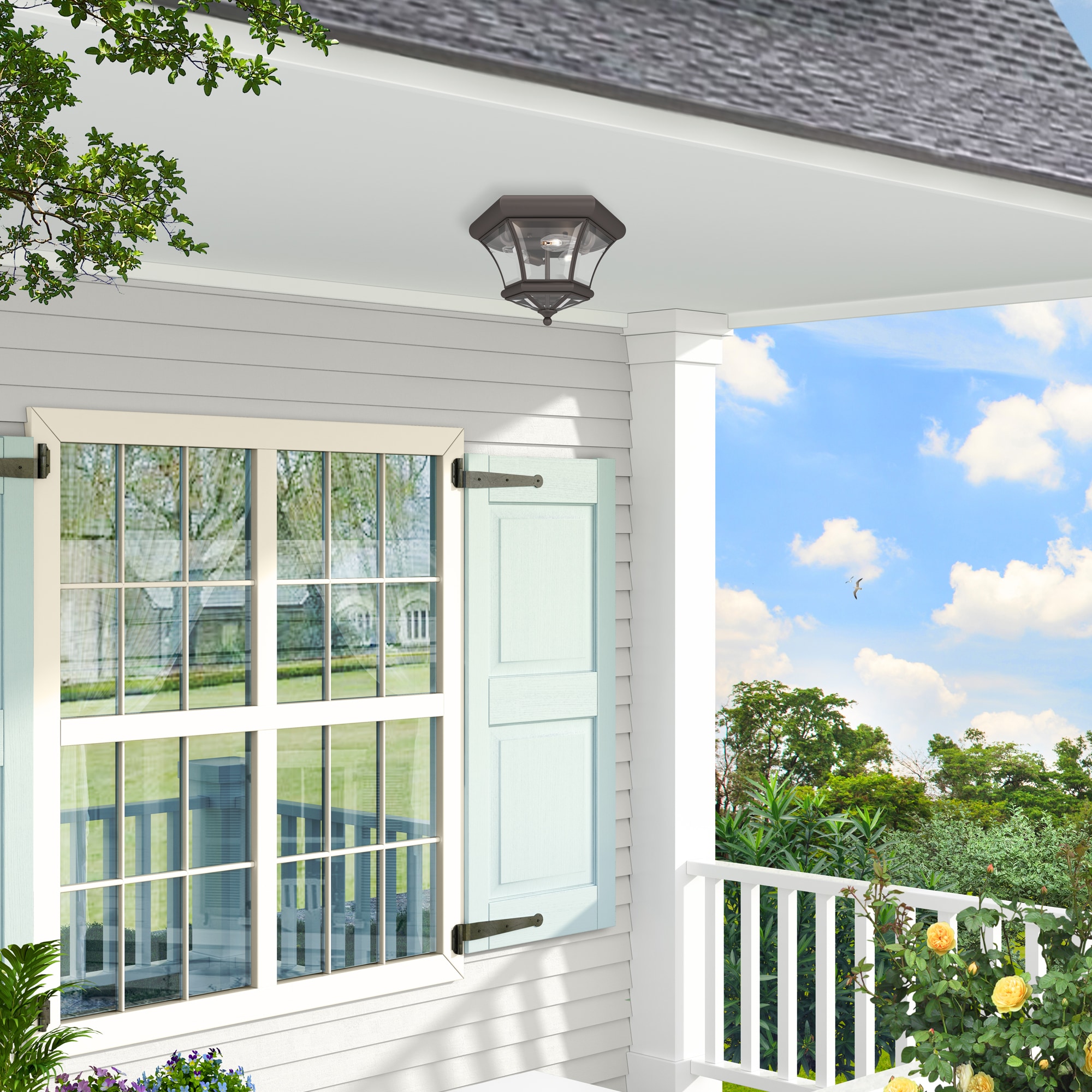 Colonial Bronze 3-Light Outdoor Flush Mount with Clear Beveled Glass