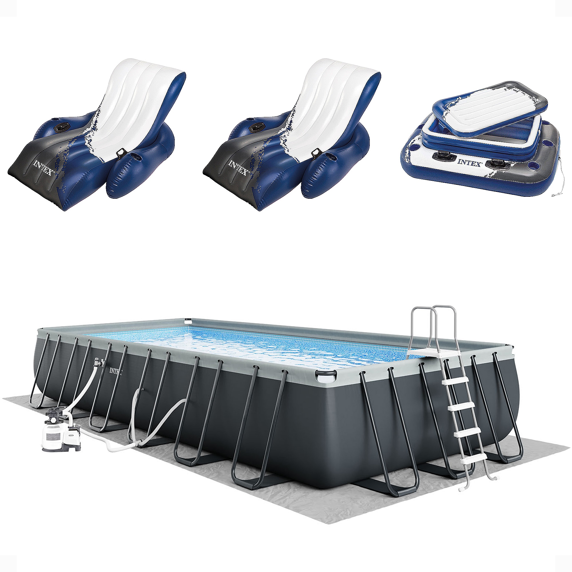 Intex 141101 24-ft x 12-ft x 52-in Metal frame Rectangle Above-Ground Pool with Filter Pump with Ground Cloth with Pool Cover with Ladder