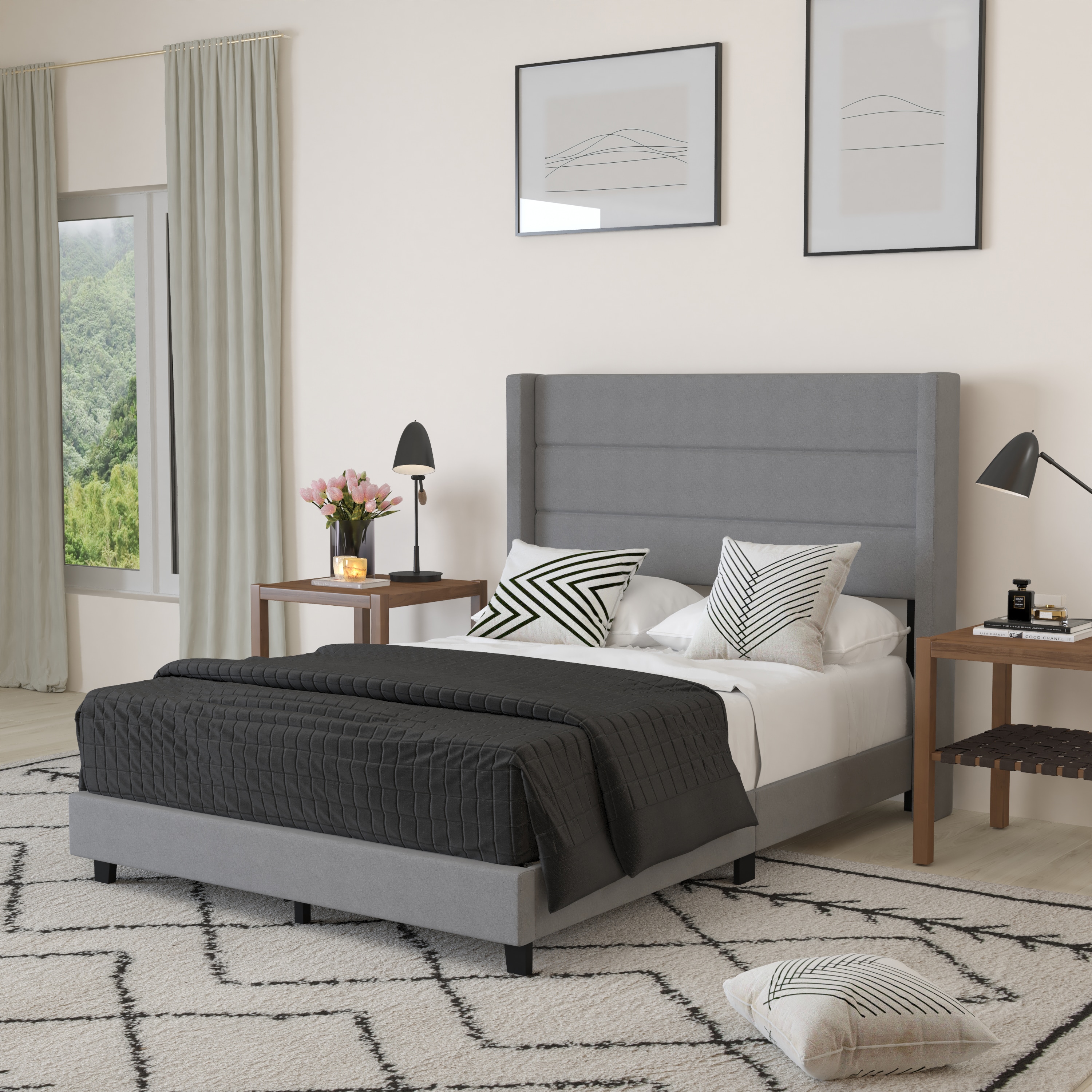 Merrick Lane 840196376158 Percy Modern Full Platform Bed with Padded Channel Stitched Gray Faux Linen Upholstered Wingback Headboard and 8.6-in Underbed Clearance