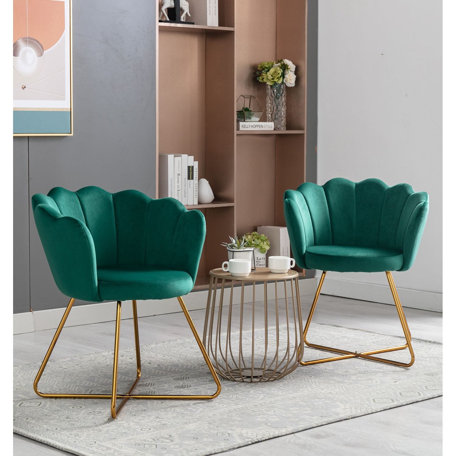 JASMODER W117051189 Zen Zone Velvet Accent / Conversation Lounge Chair With Iron Metal Gold Plated Legs, Suitable For Office, Lounge, Living Room, Set Of 2, Green