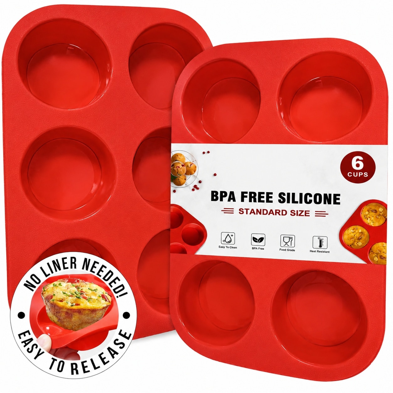 DHMHD Silicone Muffin Pan 6 Cup Non Stick Flexible Baking Cups Food Grade BPA Free Perfect for Muffins Cupcakes Egg Bites Dishwasher Safe 2 Pack #LDH0817X192