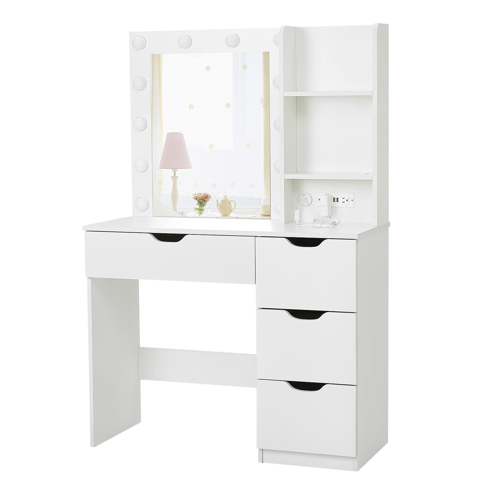 Qeetex JXNAG-PHO-0Y7T3H1G Makeup Vanity with Lights Vanity Desk with Charging Station Storage Shelf 4 Drawers Makeup Table with Lighted Mirror 3 Lighting Modes Brightness Adjustable Bedroom Dressing Table-White