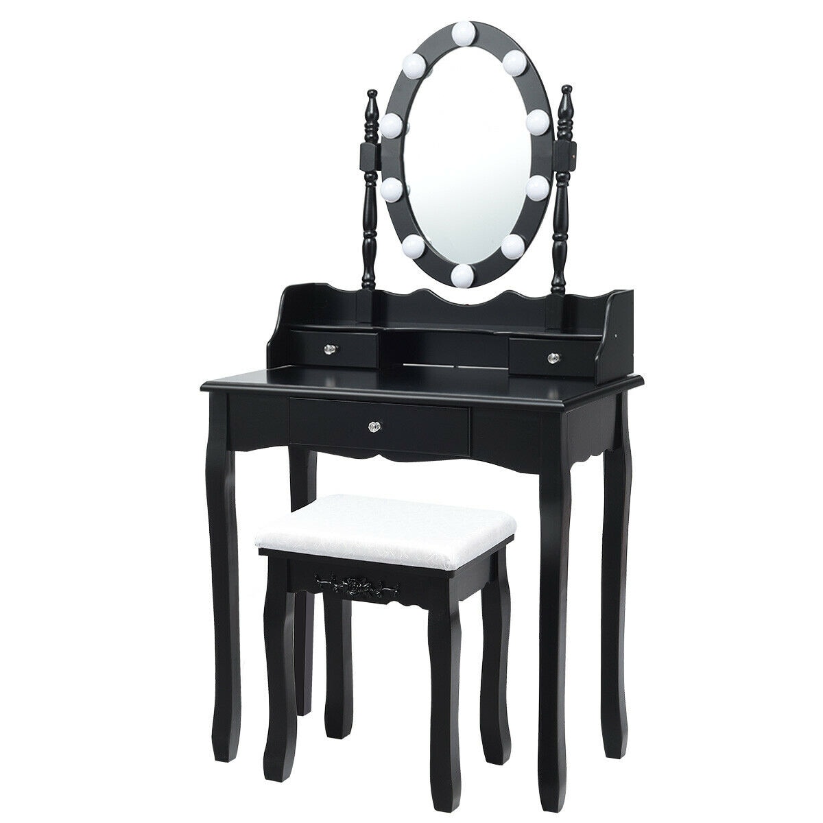 Slickblue D-CO-KB-SU25066WH 29.5 Inch Brown/White/Black LED Vanity Table with 360 Degree Rotating Mirror and Three Drawers for Bedroom or Dressing Area