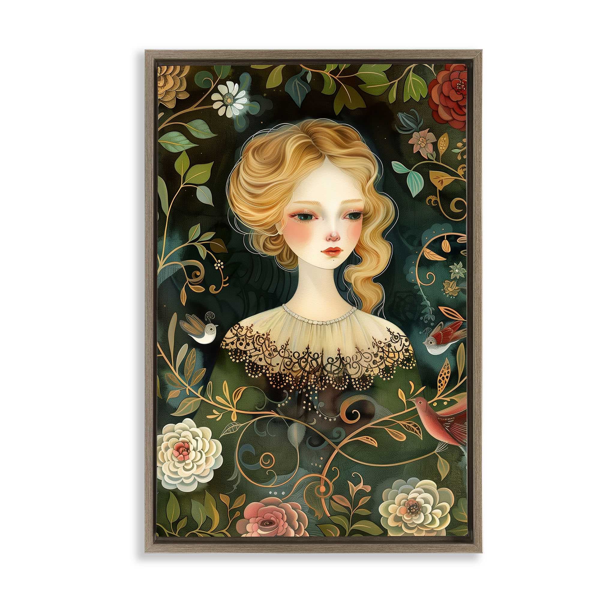 Stupell Industries BT-883-FFE-20X30 Victorina Woman with Florals Brown Framed Floater Canvas Wall Art By The Dutch Lady 21 x 31