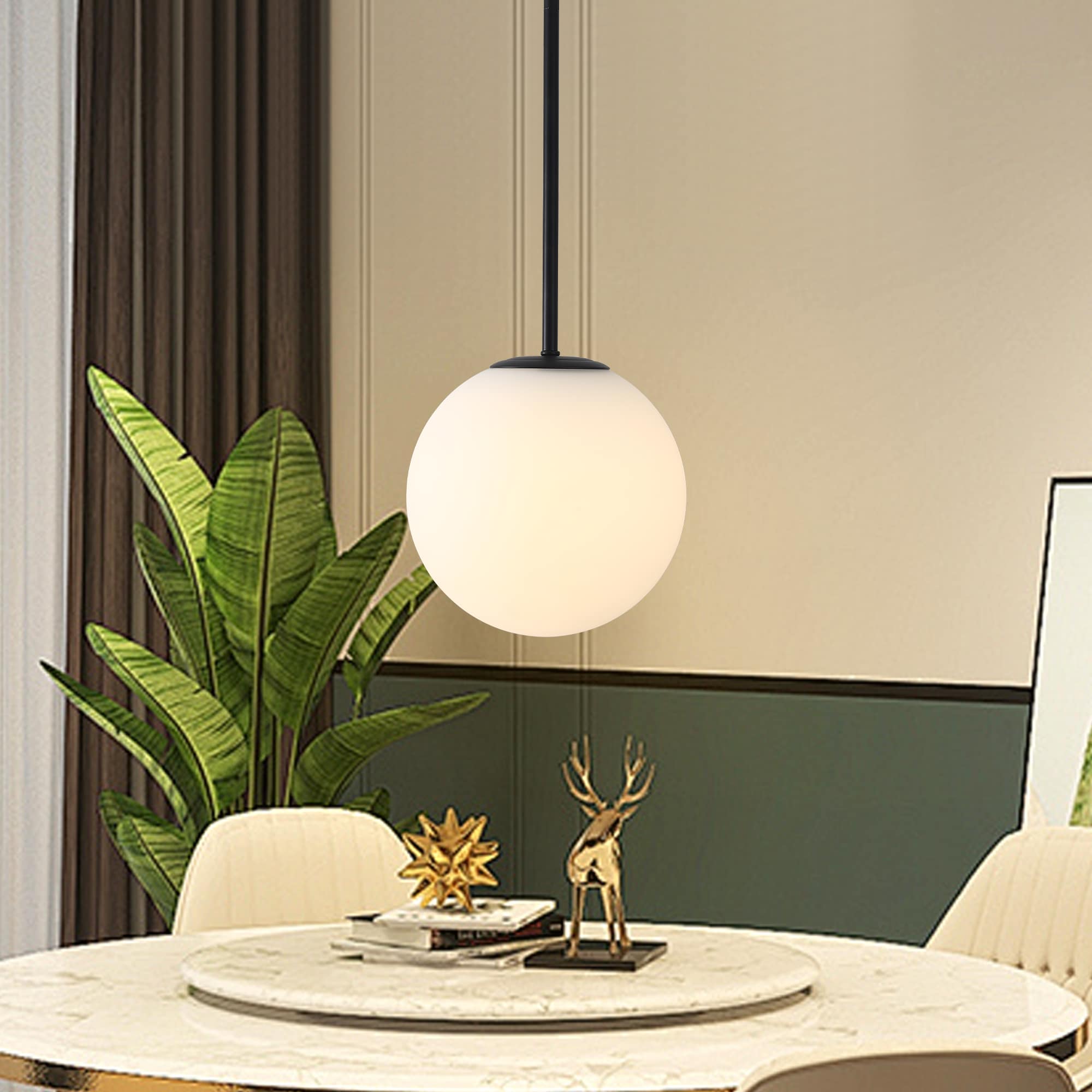 ADSENSTY 7.87inch 1 Light Black Spheric Pendant Light With the Milky White Glass For Living Room Bedroom Kitchen Island