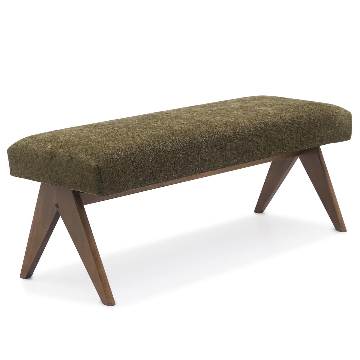 Maison Boucle MORGAN-BENCH-GREEN 47 inch Wide Benches Green Upholstered Seat and Back with V Shape Design and Solid Wood Legs
