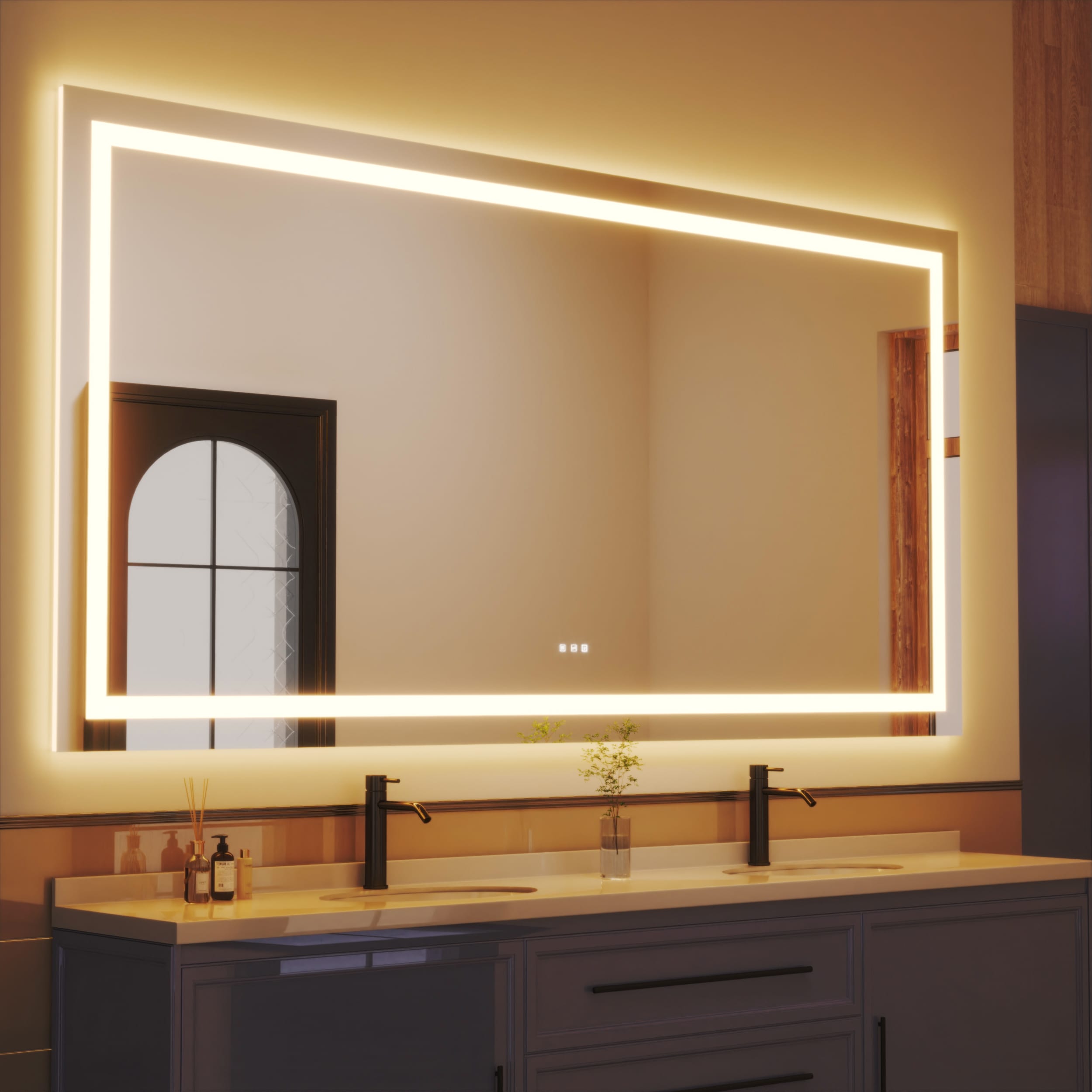 waterpar WPLO-2220 Backlit + Frontlit 87-in x 42-in Polished Frameless Rectangle Dimmable LED Lighted Fog Free Bathroom Vanity Mirror ( Clear )
