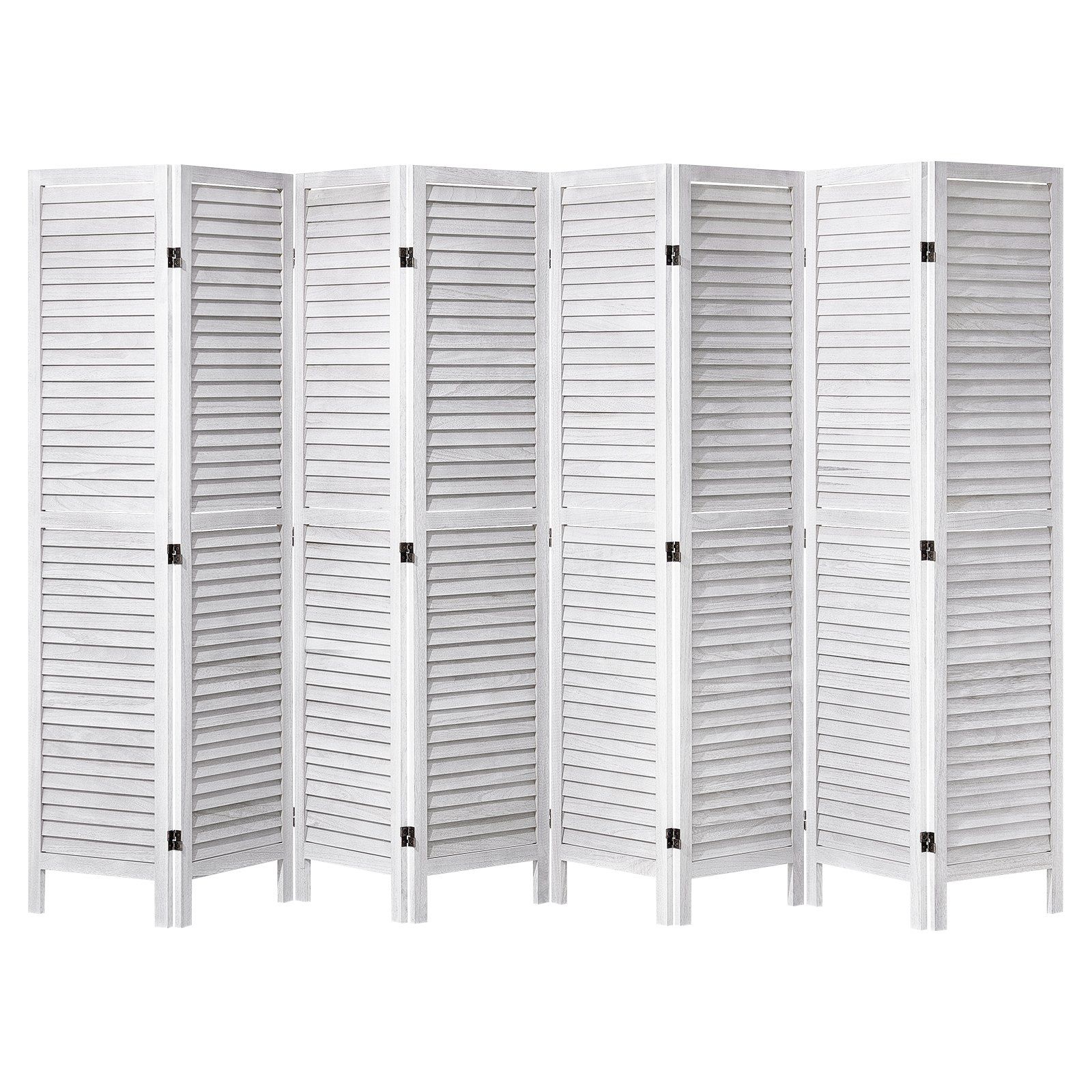 Slickblue - 8 Louvered Panel White/Natural Room Divider Screen with Folding Design and 360 Rotati...