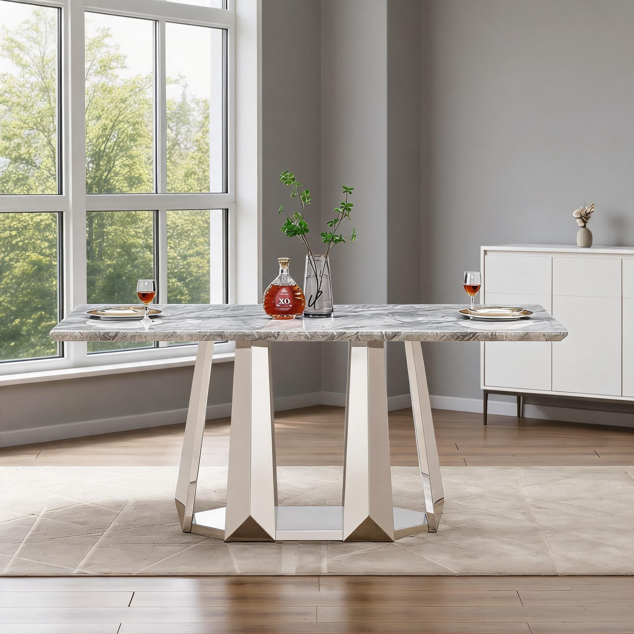 Watnature Modern Faux Marble 70 Inch Rectangular Dining Table Seats 6 to 8 Cool Gray with Stainless Steel Base #BZS12OAFW734