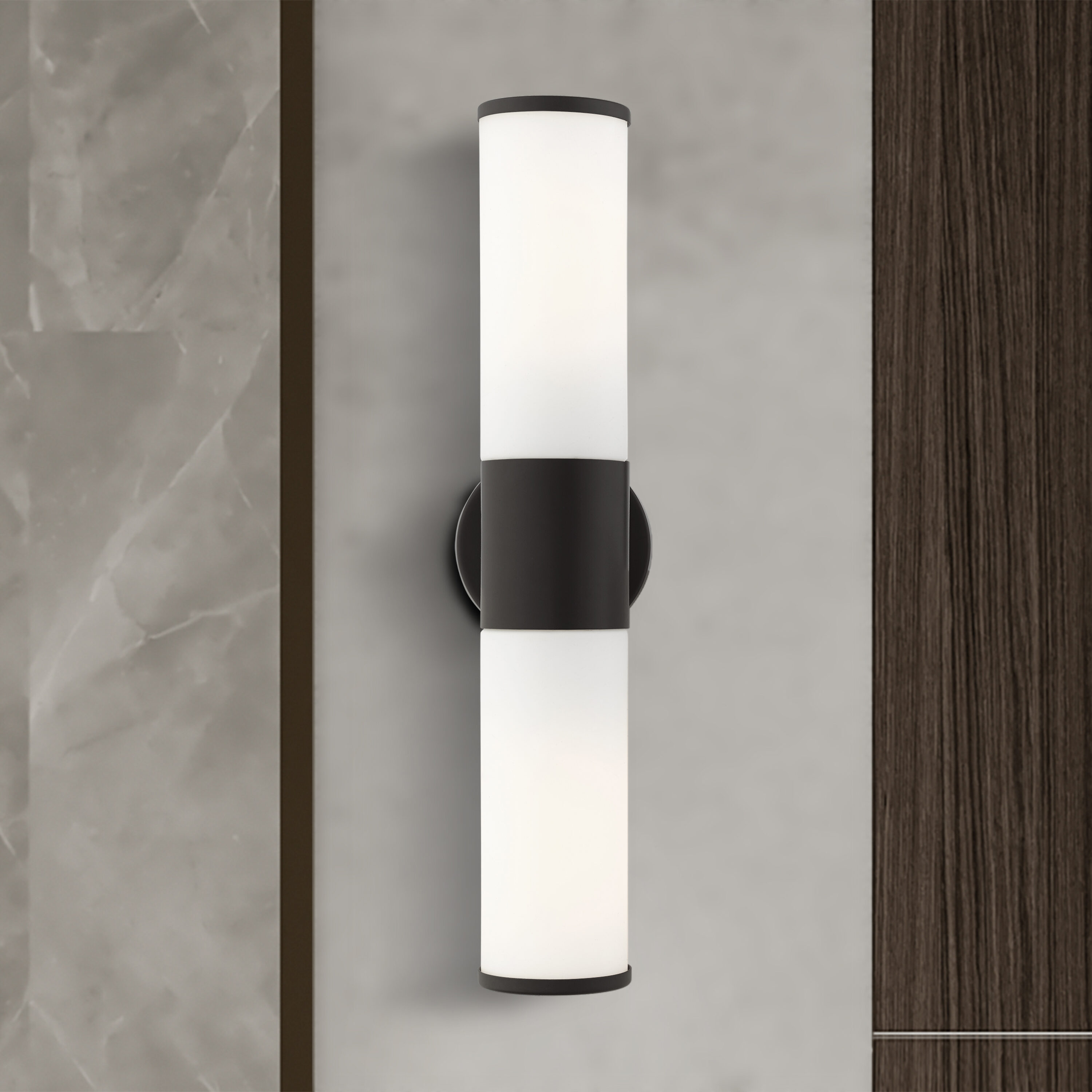 Sleek Urban Black Bronze 2-Light Outdoor Vanity with Satin Opal White Glass