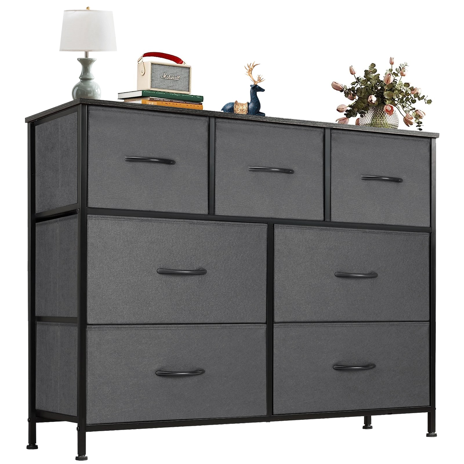 Sweetcrispy 7 Drawer Fabric Dresser TV Stand Storage Organizer with Metal Frame Dark Gray