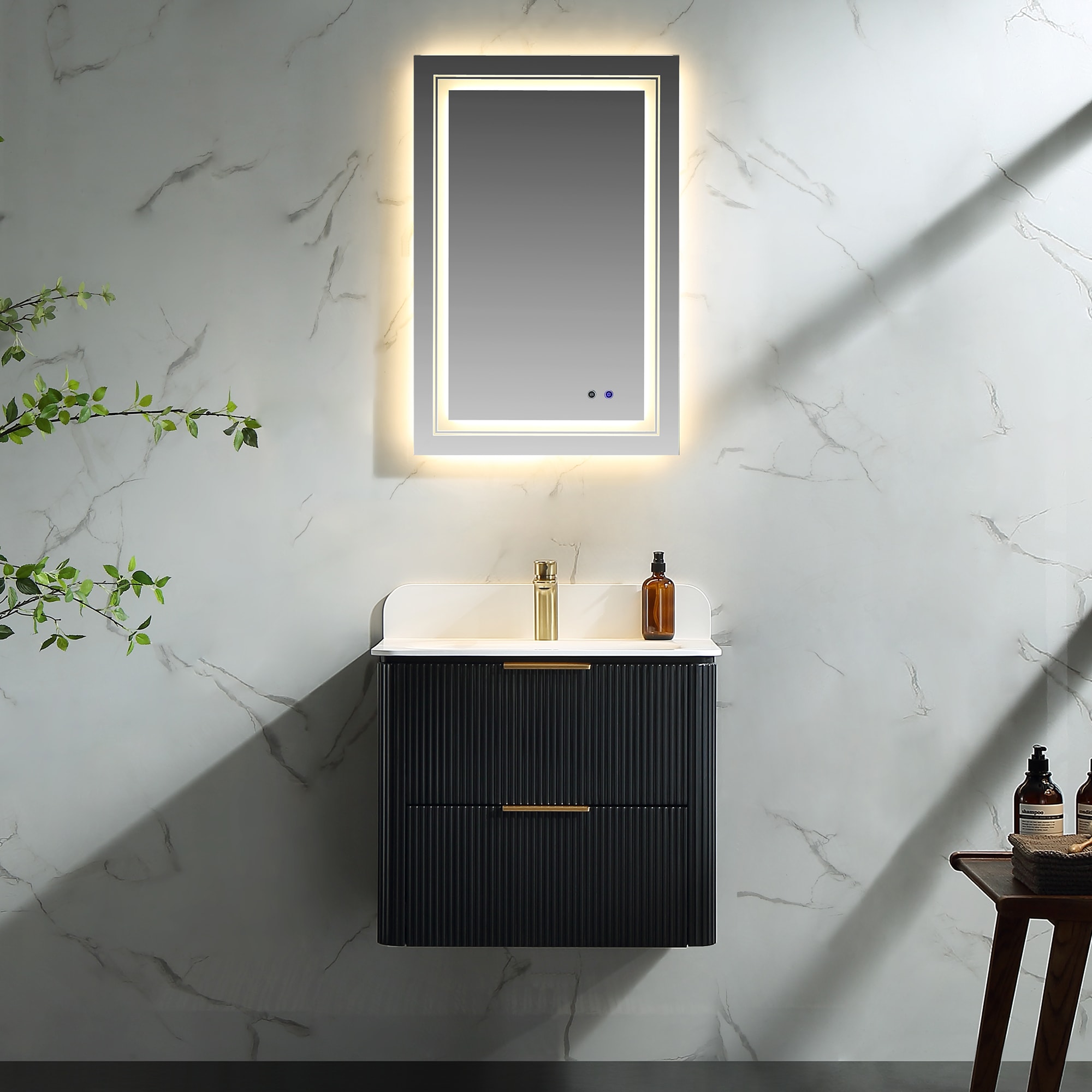 MODLAND Denavelle 24-in Black Modern Fluted Wall-Mounted Bathroom Vanity with Acrylic Sink Top Soft-Close Drawers Fully Assembled