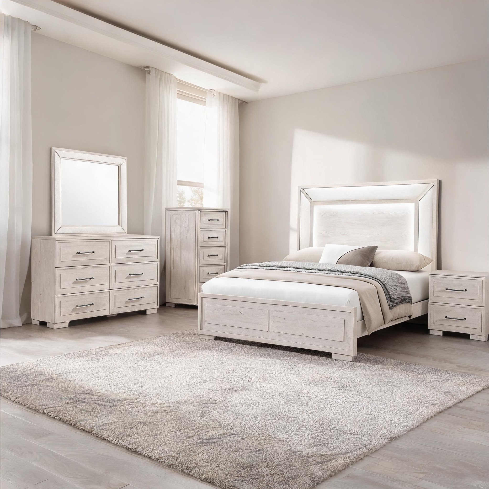 Led Panel Setailed Watnature Full 5-Piece Beige Bedroom Set with LED Lights Engineered ...