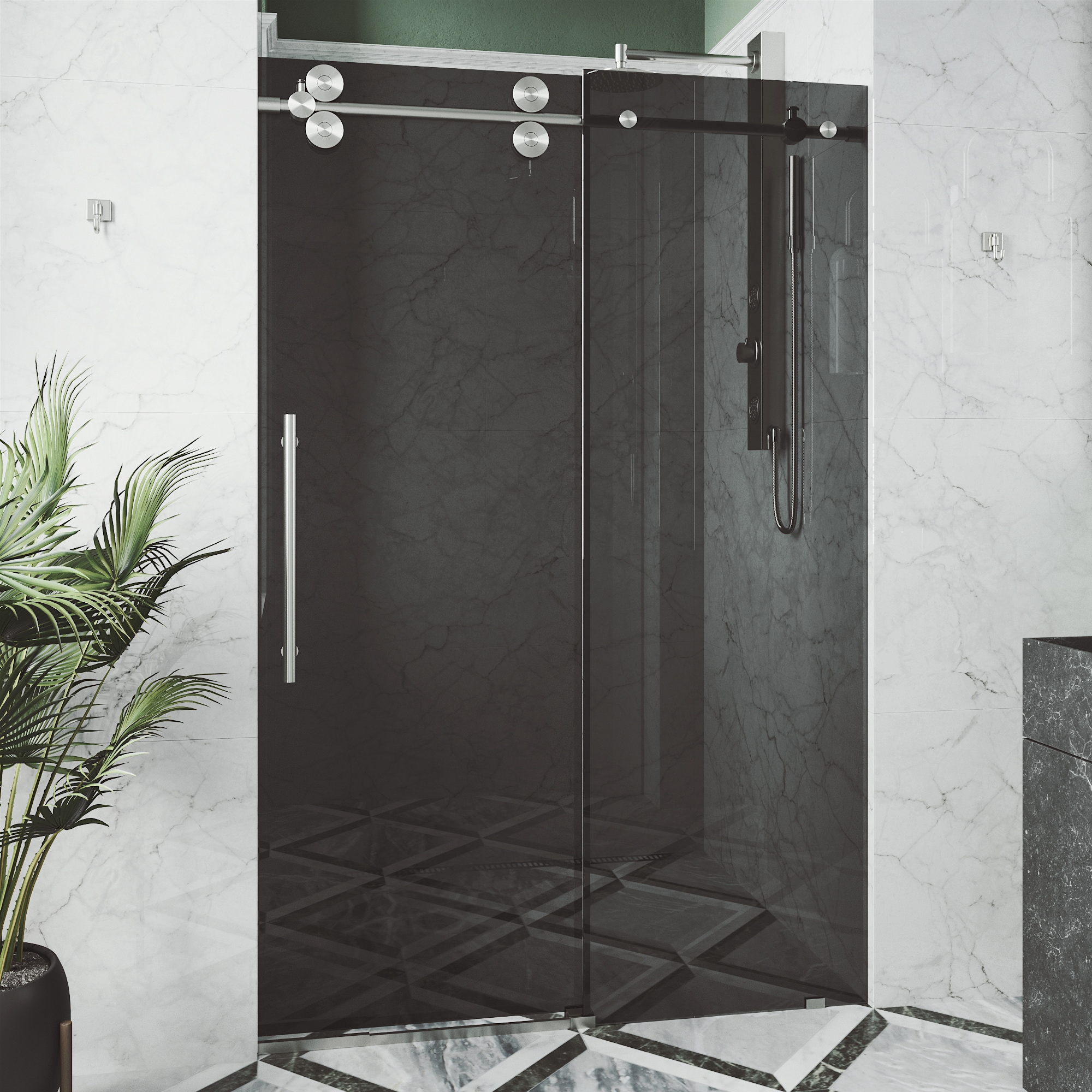 VIGO VG6041STBLK7274 Elan Stainless steel 68-in to 72-in W x 74-in H Frameless Sliding Shower door 3/8-in Thick Smoke gray Glass