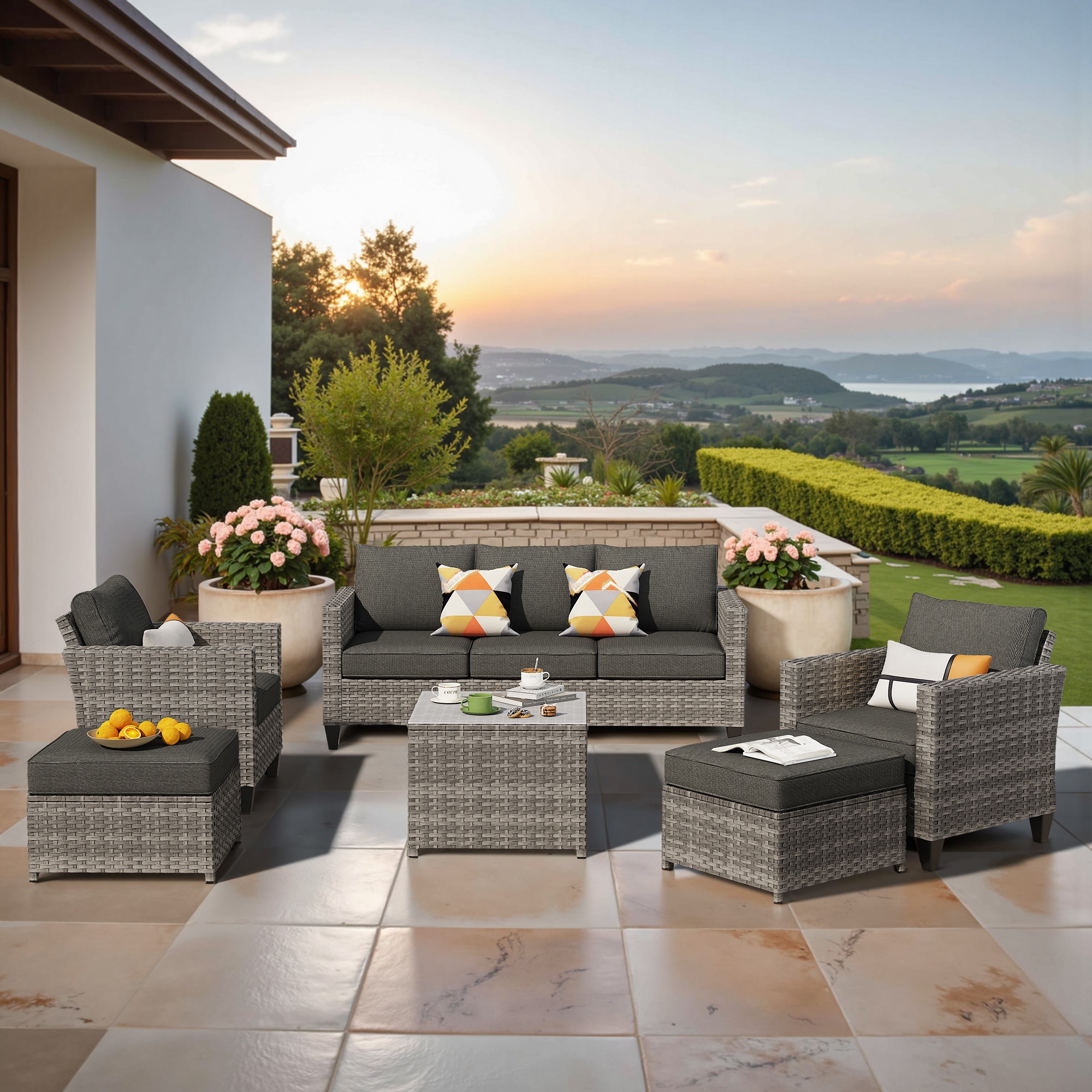 Pouuin SGR106 6 -Piece Wicker Patio Sofa Conversation Set with Black Cushions