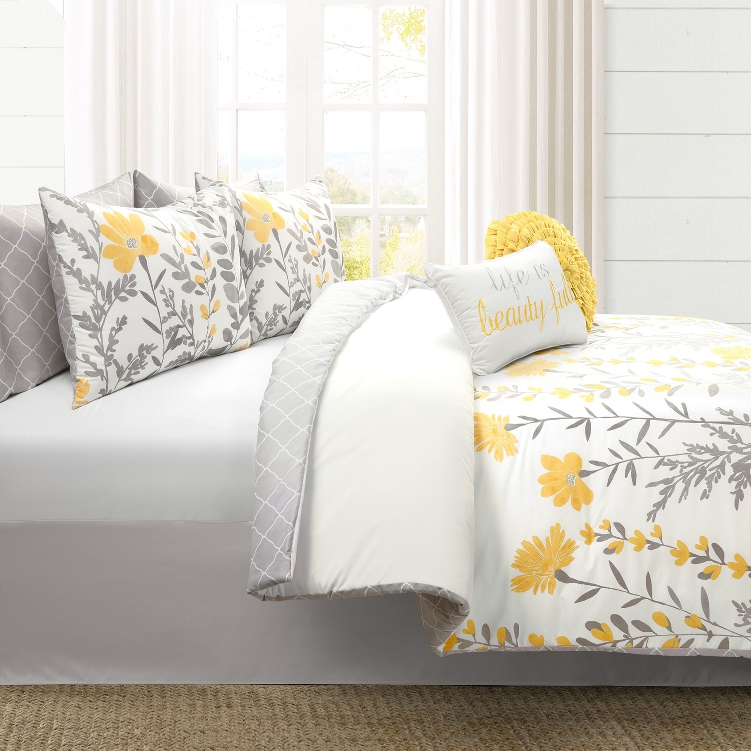 Queen Gray and Yellow Reversible Microfiber Comforter Set