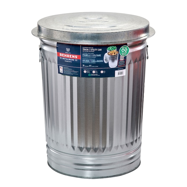 Behrens Galvanized Steel Trash Can with Lid, Silver, 31 gal