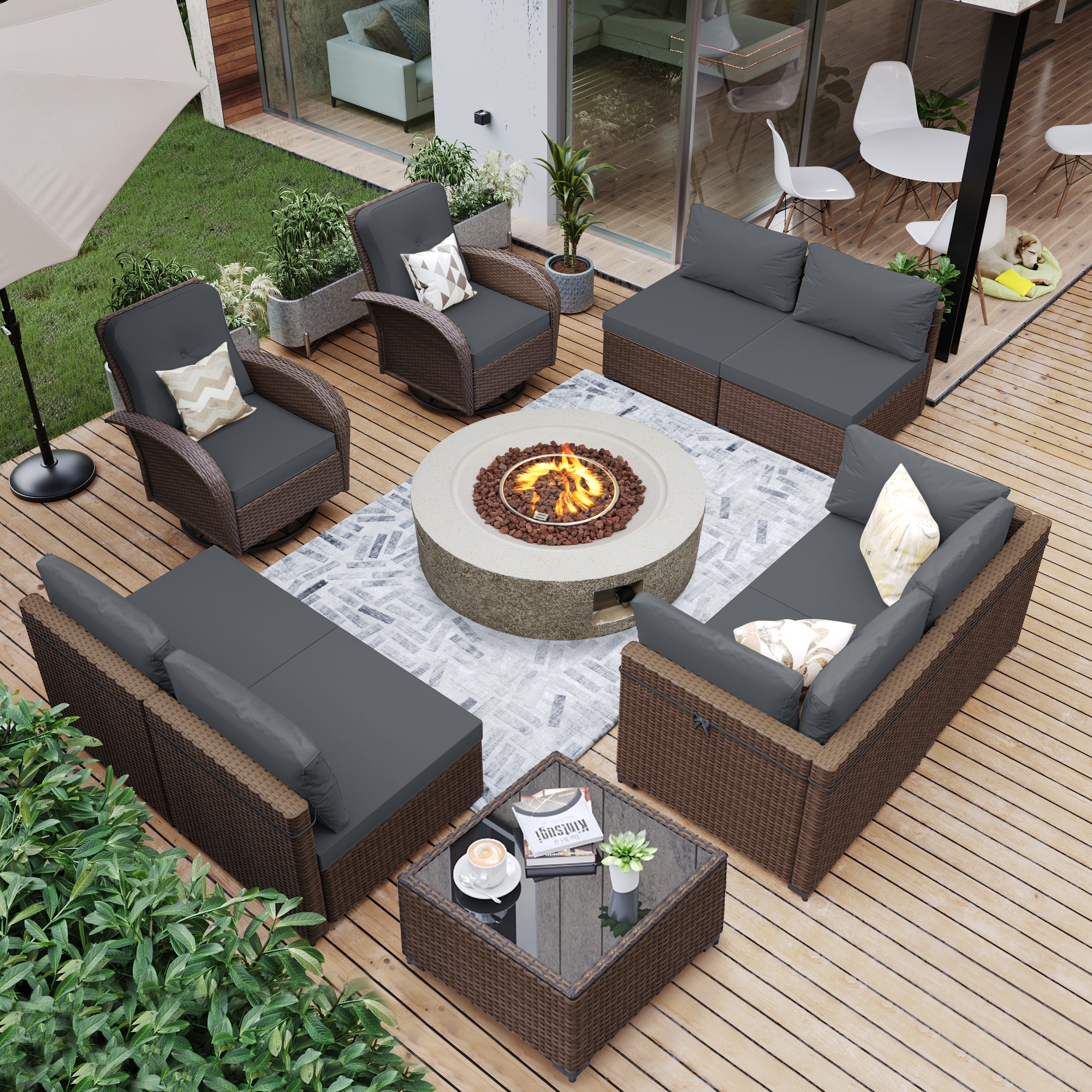 UPHA PL-2CZY11-42QBE-Z3 10-Piece Brown Wicker Conversation Set with 42 in. Beige Gas Propane Concrete Fire Pit Table and Swivel Chairs, Dark Gray Cushions 10 -Piece Wicker 4 Patio Sofa Conversation Set with Dark Gray Cushions