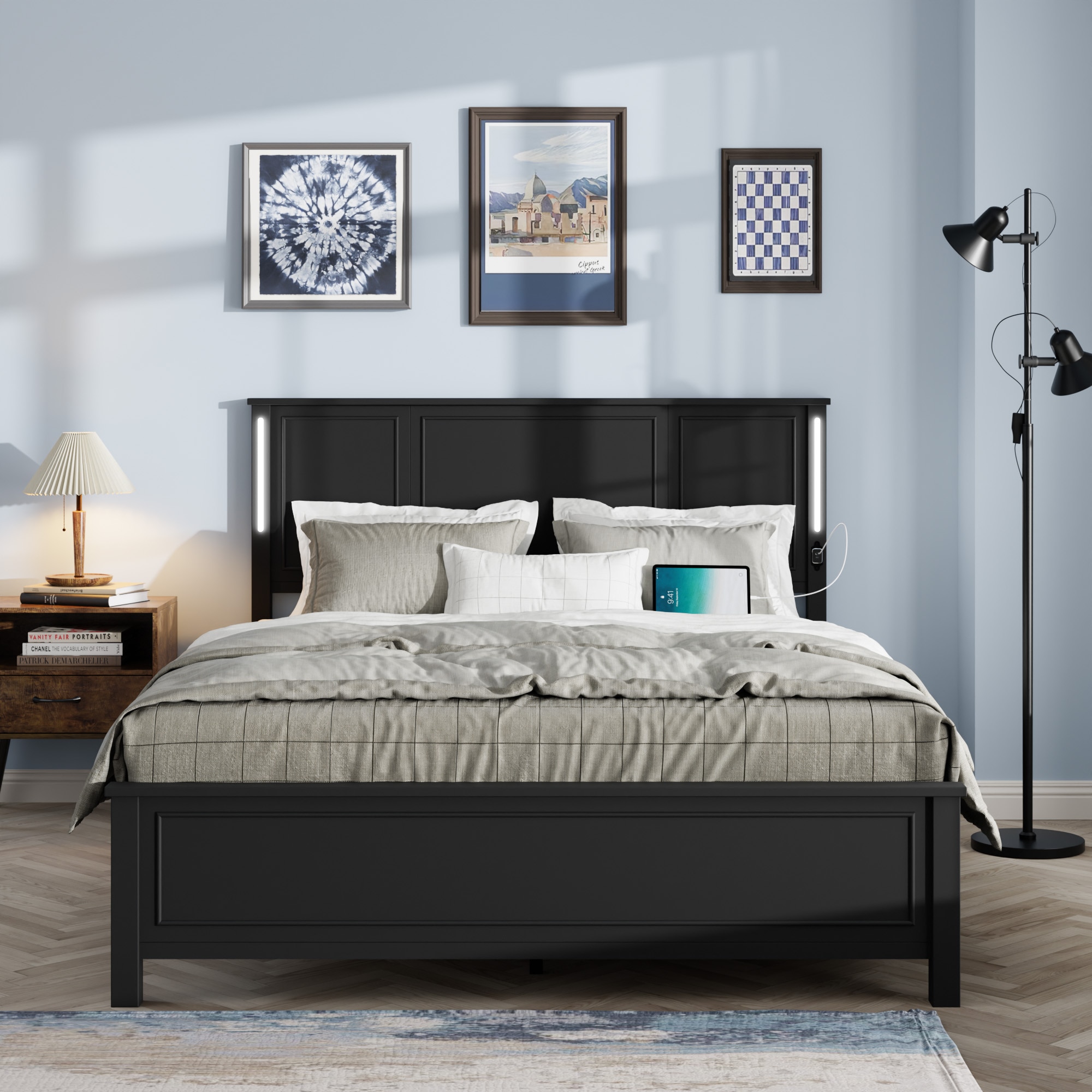 Mondawe MO-JH63313 Black Queen Wood Bed frame Bed with Storage