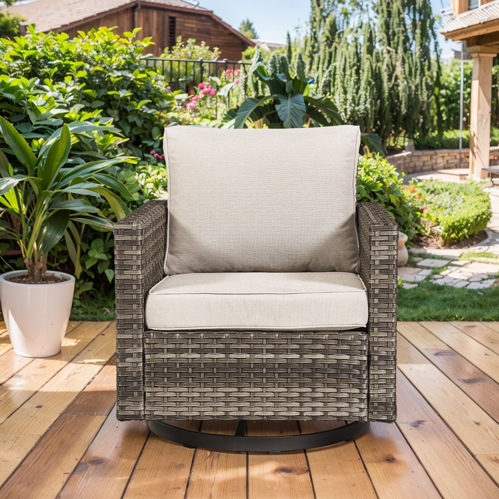 Jeehope PA146-2XT PAnorama Series Wicker Gray Steel Frame Swivel glider Conversation Chair with Beige Cushioned Seat