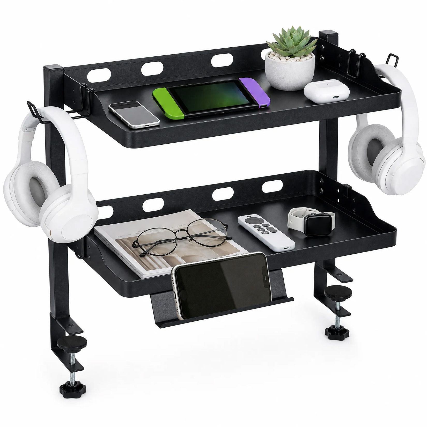 Garvee - Adjustable 2Tier ClampOn Desk Shelf UnderDesk Desktop Storage Organizer with Phone and T...