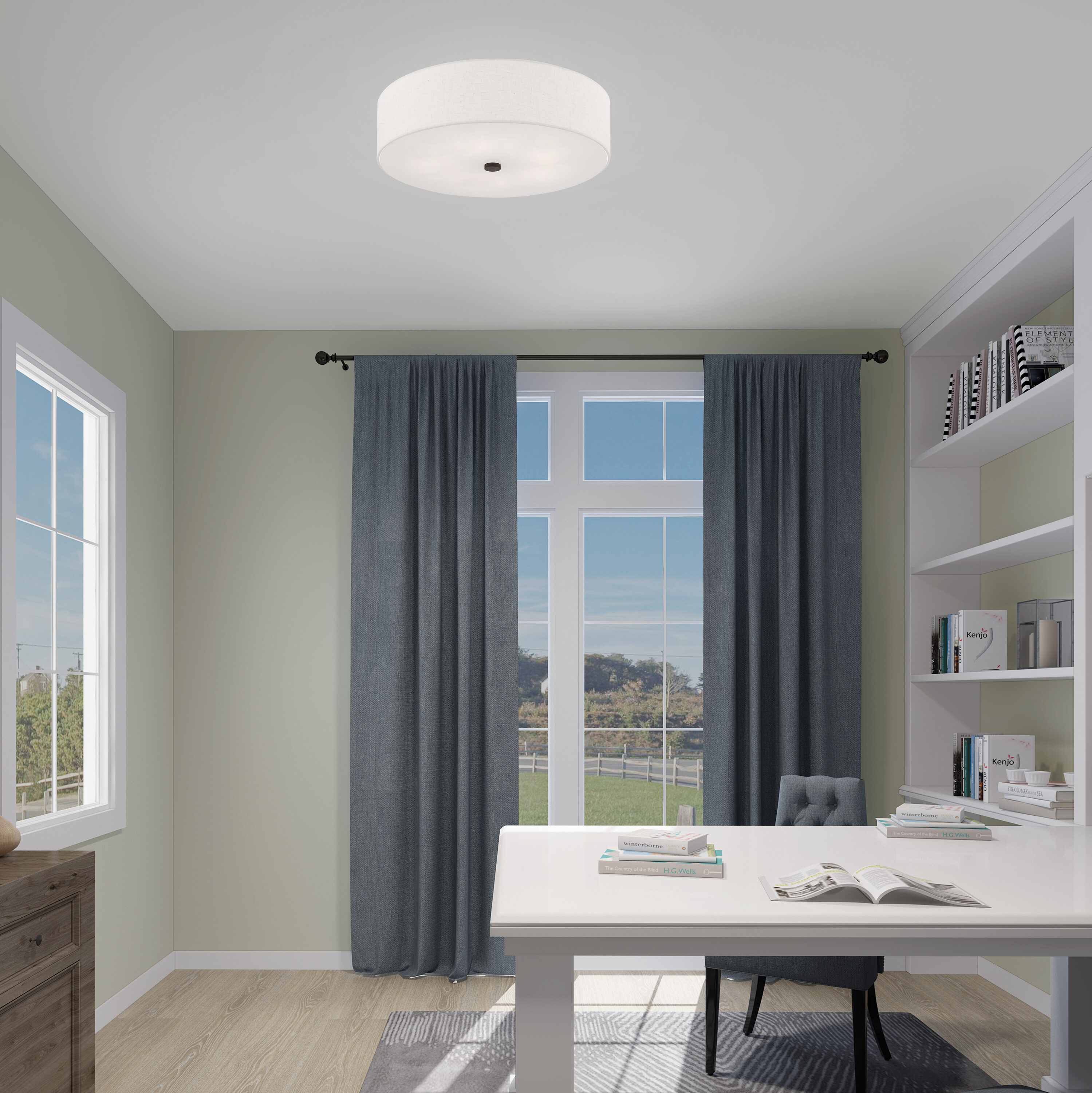 English Bronze 5-Light Semi-Flush Mount with Fabric Drum Shade