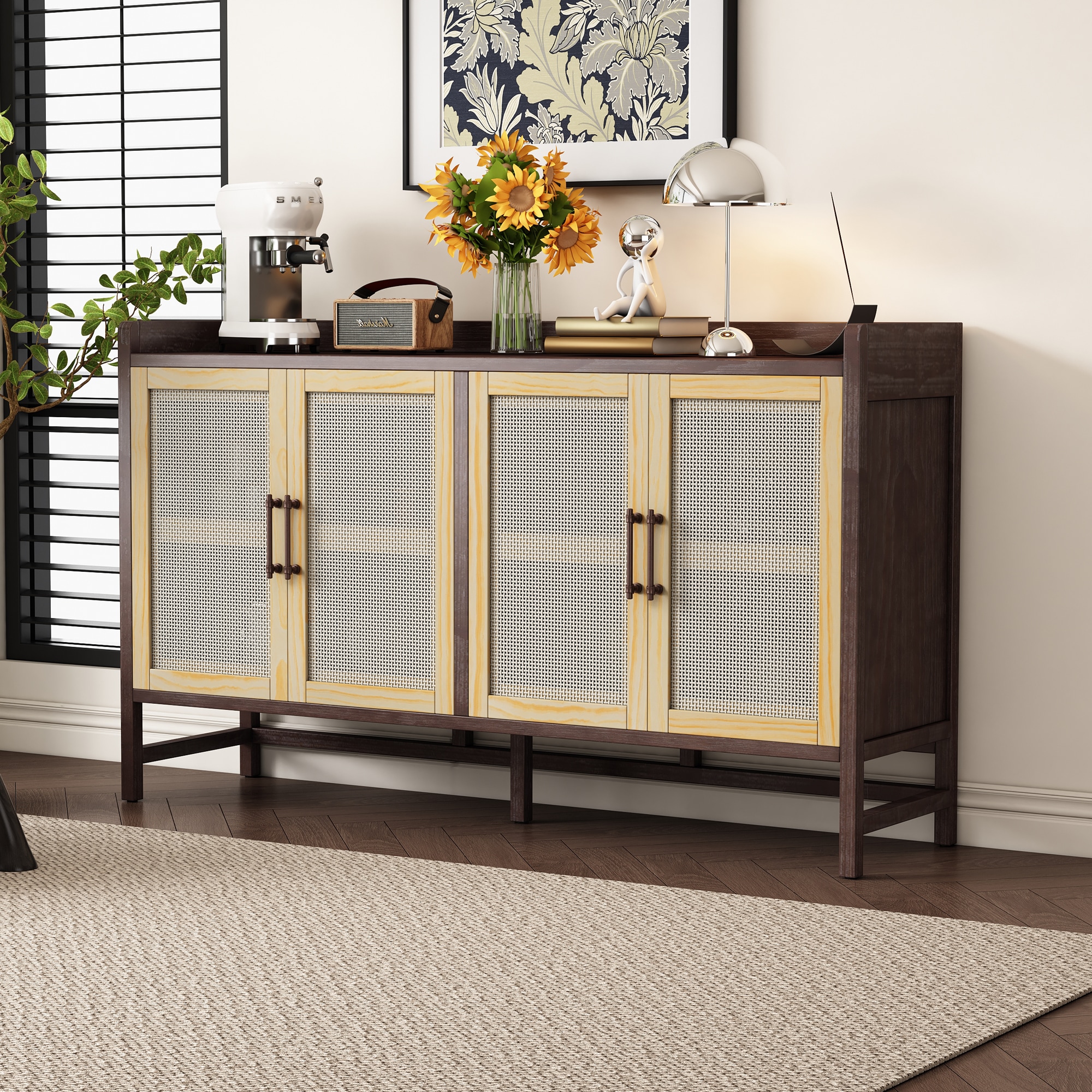 ModernLuxe N715P203848D Sideboard Rustic Buffet Cabinet sideboard cabinet with Decorative Rattan Doors Buffet Cabinet with Storage for Entryway Dining Room Kitchen Living RoomWalnutNatural