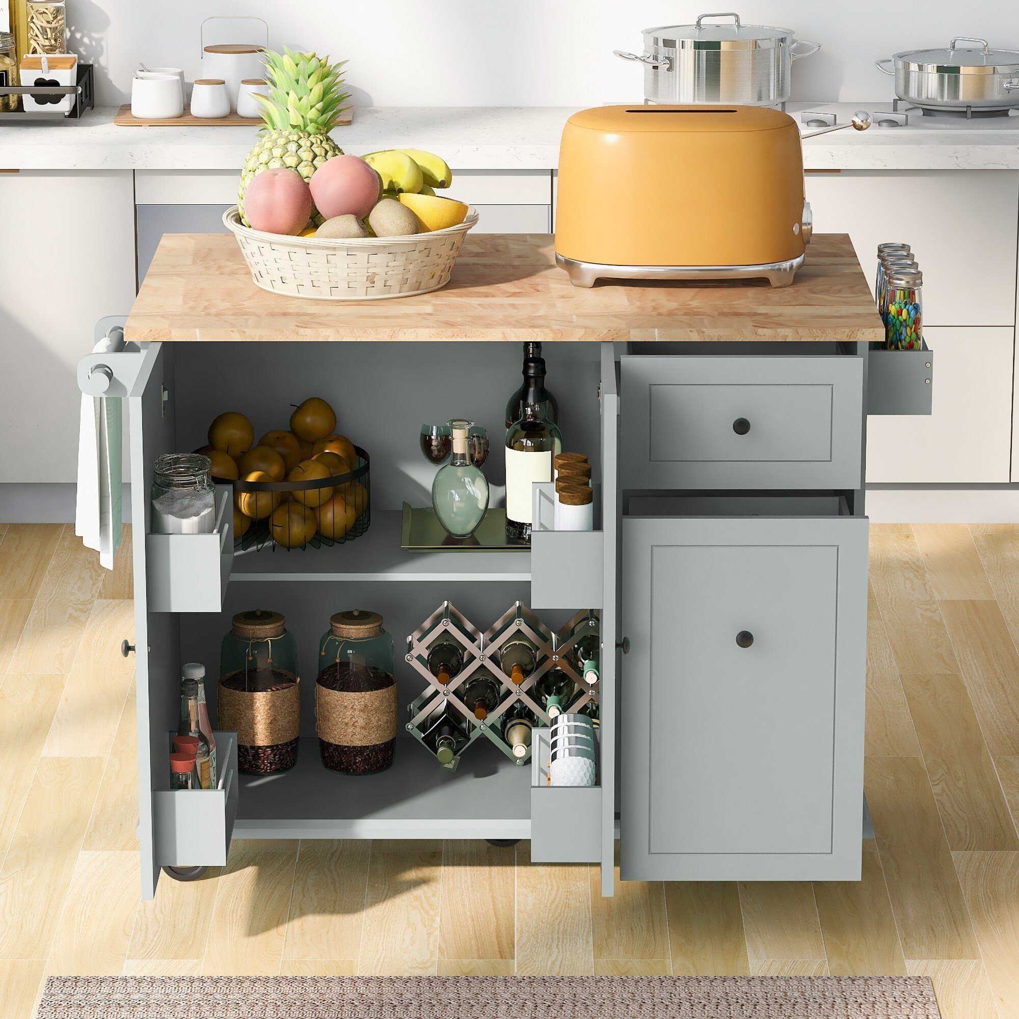 Xspracer Gray Mdf Base with Wood Top Rolling Kitchen Island (29-in x 54-in x 37-in)