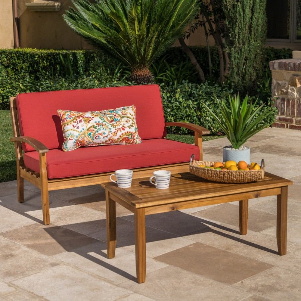 Coolbibila 2 Piece 51 Inch Teak Finish  Acacia Wood Patio Conversation Set Red Cushion Loveseat with Coffee Table
