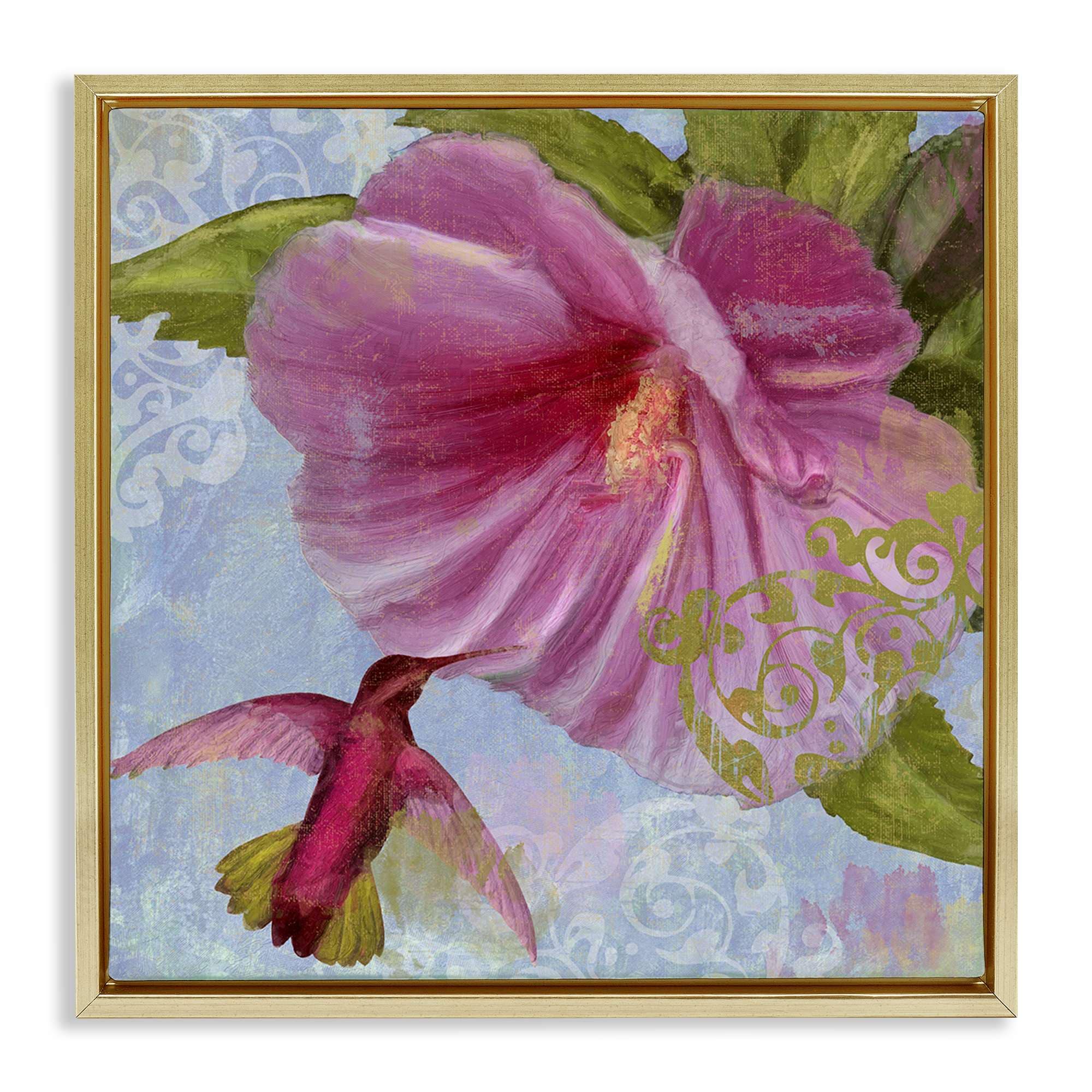 Stupell Industries BS-996-FFG-17X17 Hummingbird and Purple Poppy Gold Framed Floater Canvas Wall Art By Sasha 18 x 18