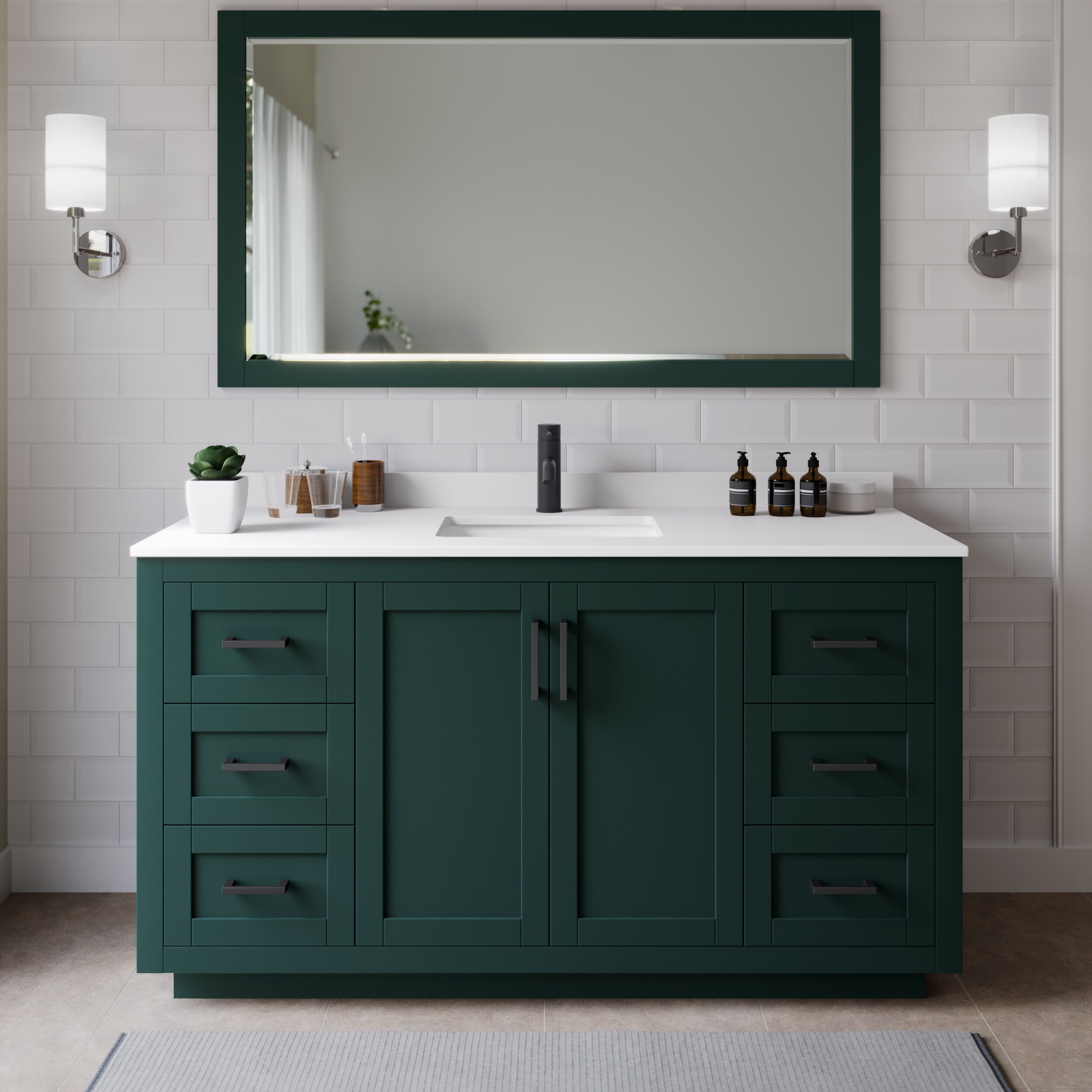Wyndham Collection WCF292966SGKWCUNSMXX Miranda 66-in Green with Matte Black Trim Undermount Single Sink Bathroom Vanity with White Cultured Marble Cultured Marble Top