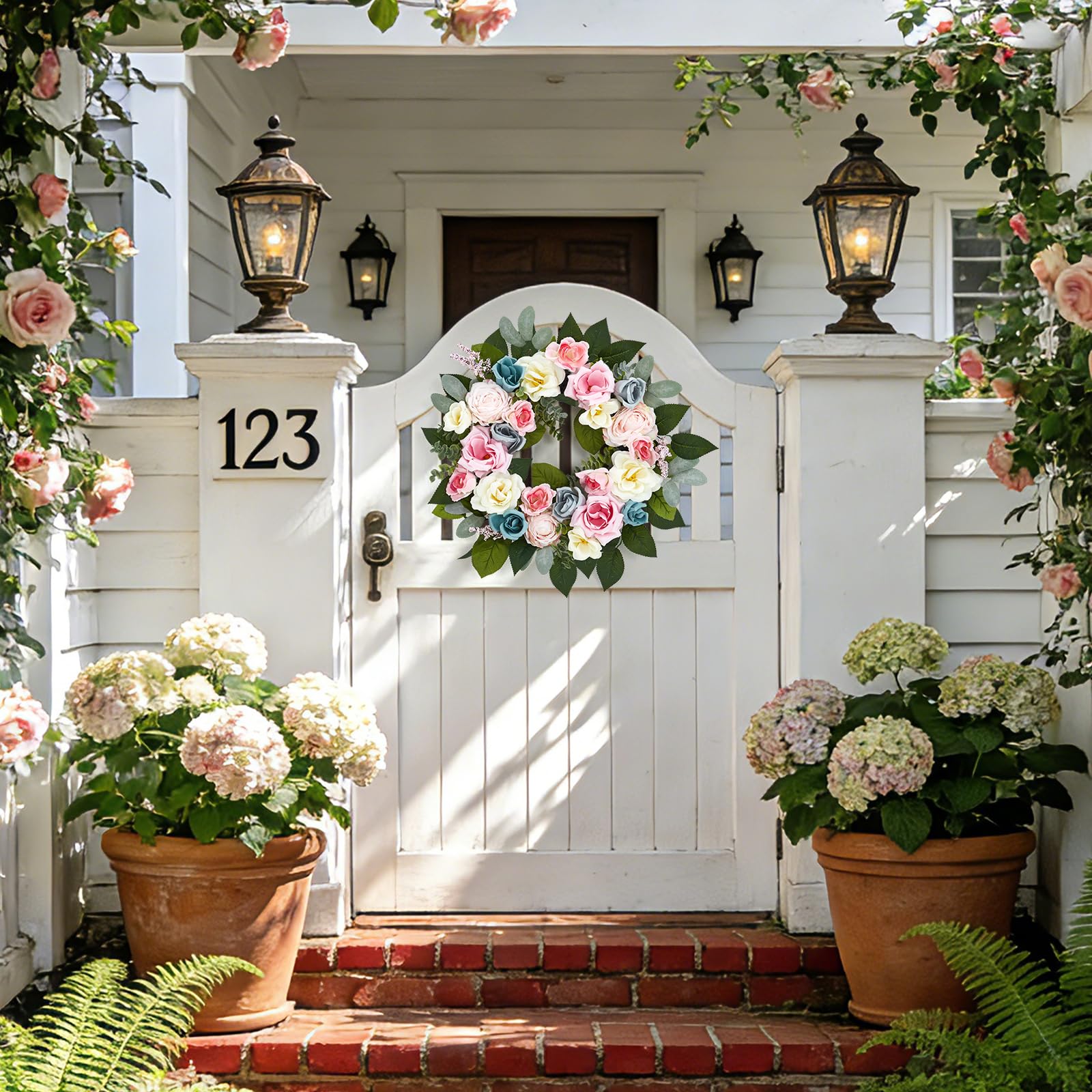 Garvee 20 Inch Spring Wreaths for Front Door Artificial Pink Rose Wreath with Colorful Florals and Eucalyptus Foliage for Home Wall Window Wedding Party Indoor Outdoor Decor