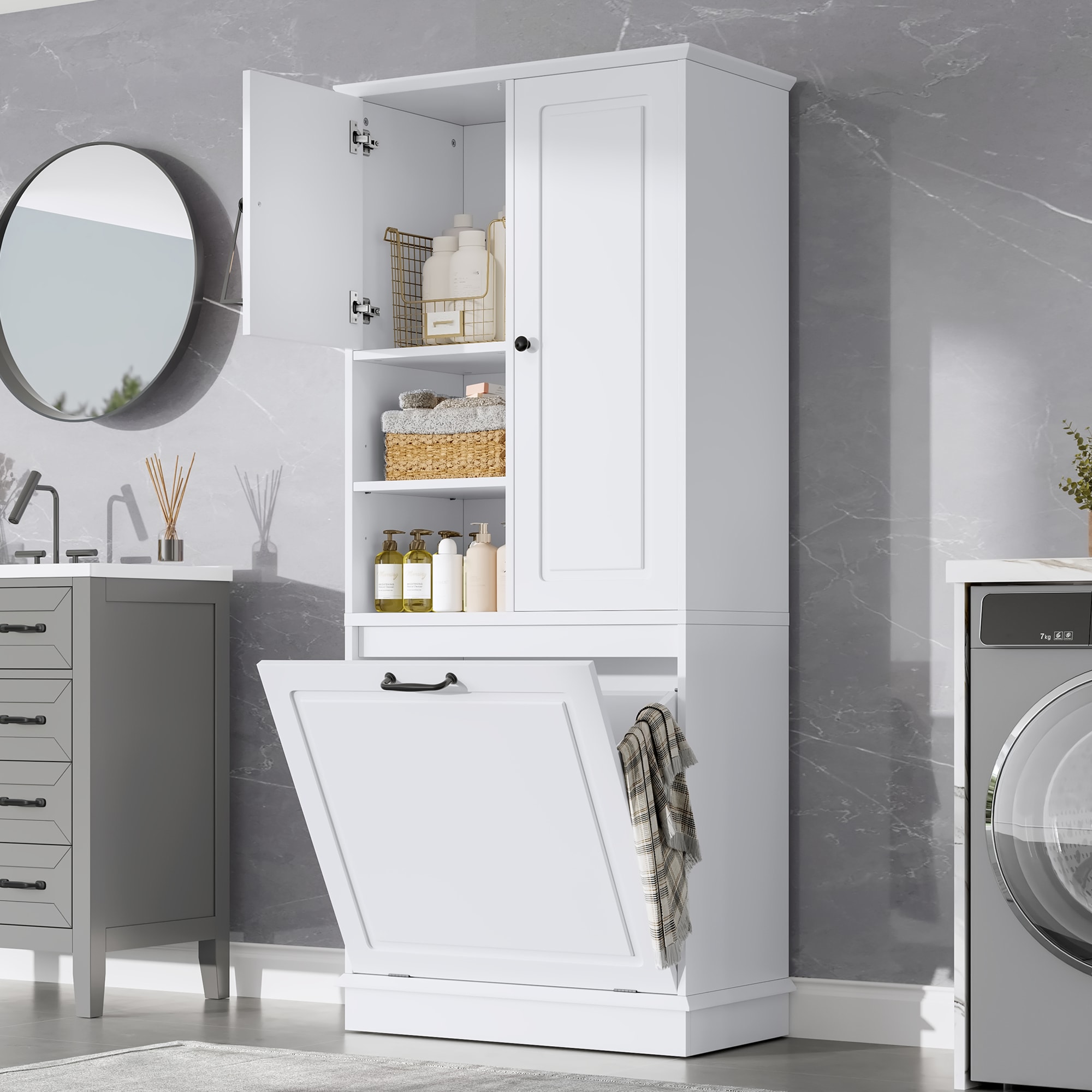 GZMR - Tall Storage Cabinet with Flip-Out Basket 29.9-in W x 67.7-in H MDF white Freestanding Uti...
