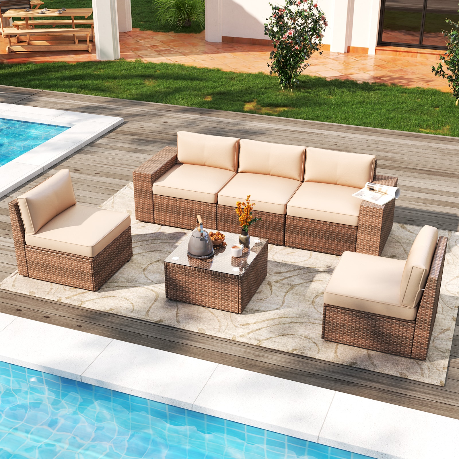 AOXUN G12039BGAB-PCS6 6 -Piece Rattan Patio Sofa Conversation Set with Brown Cushions