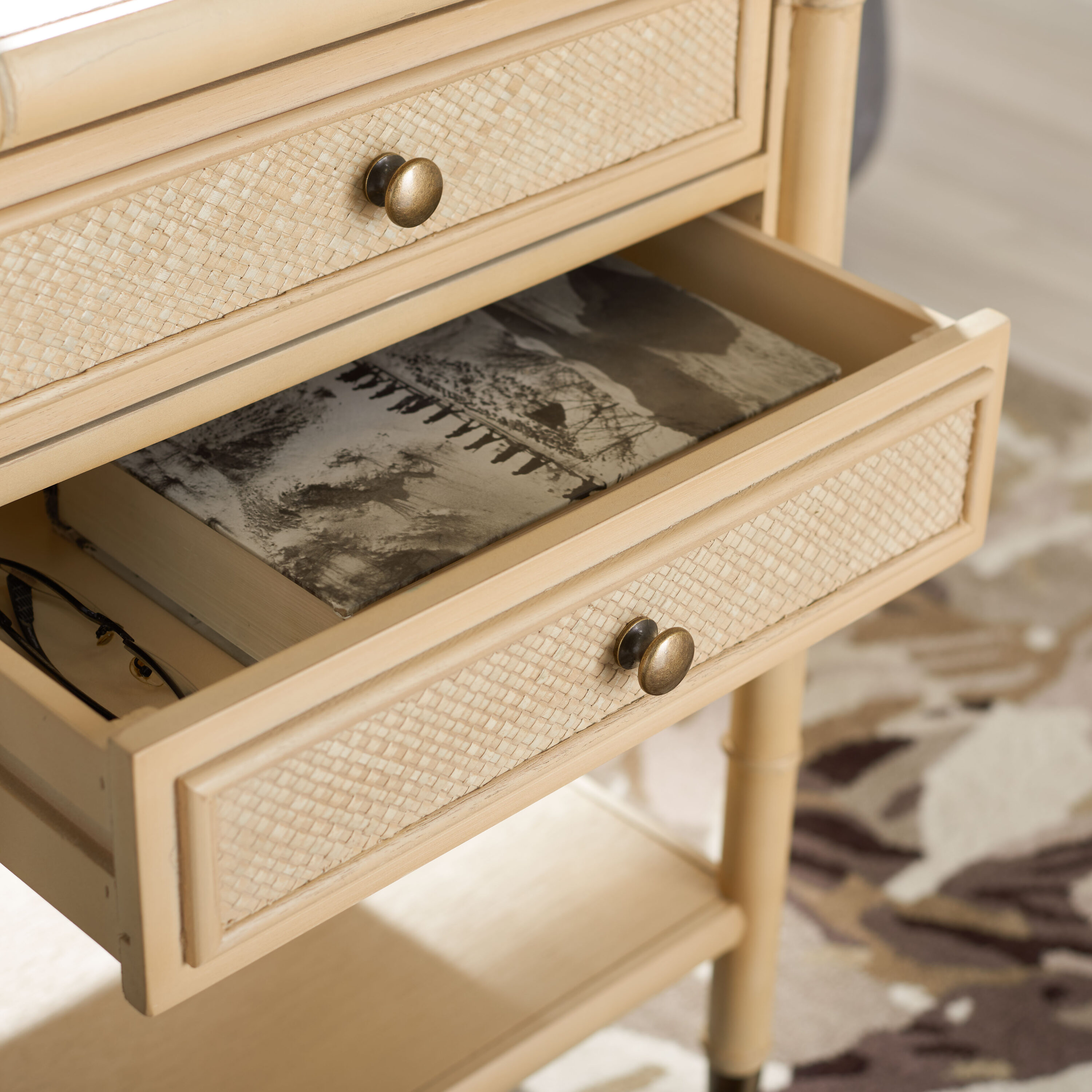Light Blonde Bamboo-Style Wood and Metal Accent Table with Storage