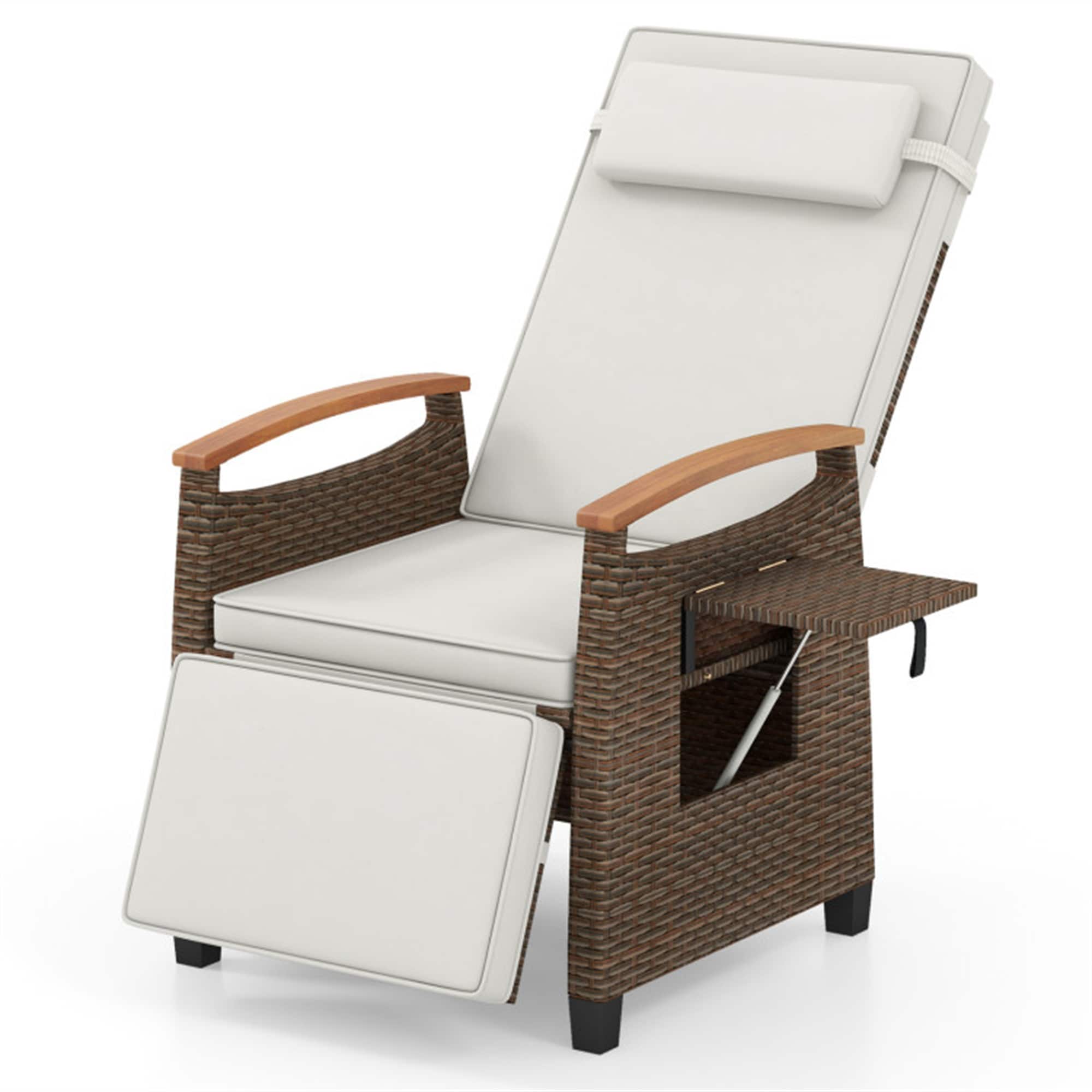 BABOOM BOM-W70895-CO Wicker Recliner Chair Wicker Black Metal Frame Stationary Recliner Chair with Off-white Cushioned Seat