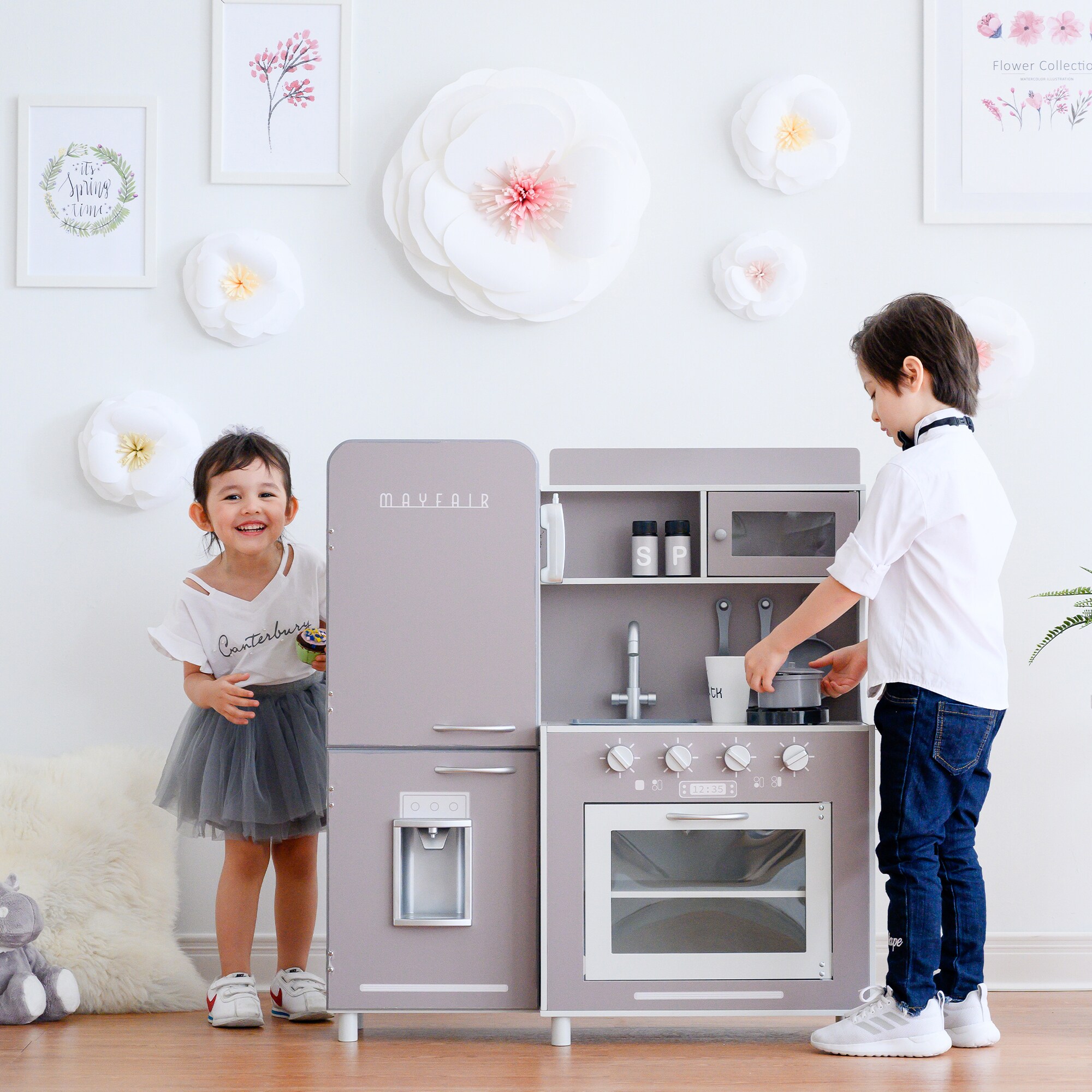 Teamson Kids Mayfair Kids Wooden Play Kitchen & 11 Accessories Grey  TD-13302C 