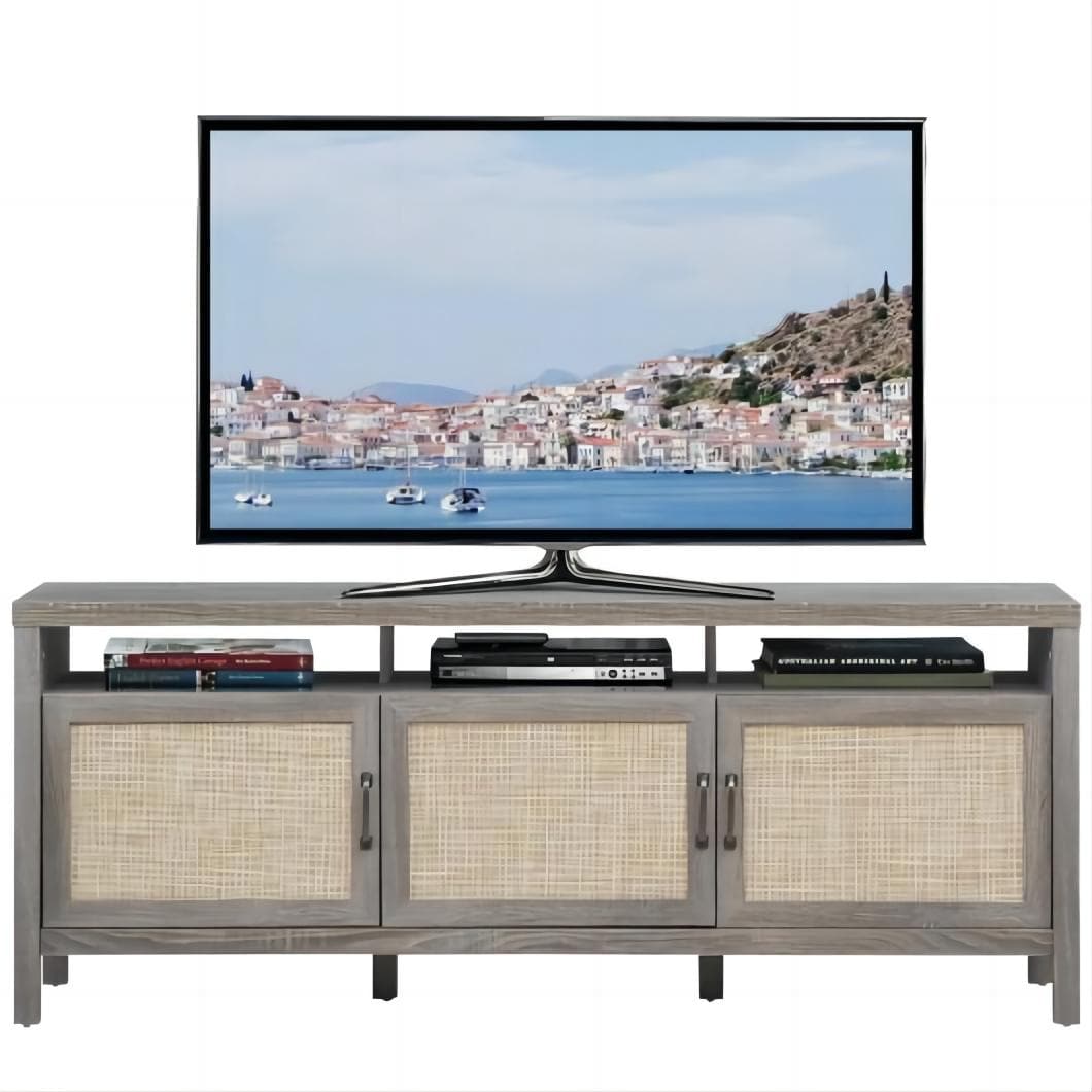 Gray Solid Wood TV Stand with Rattan Cabinet Doors