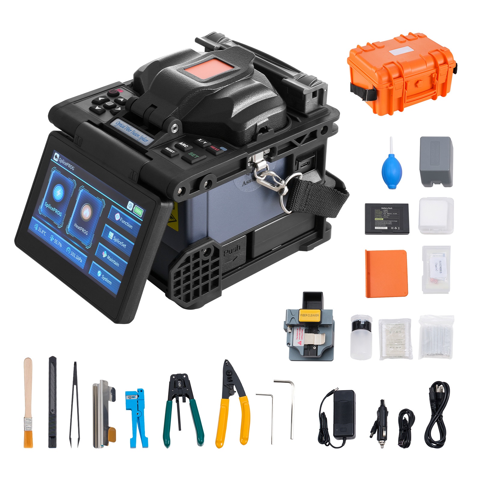 GIVIMO Fiber Fusion Splicer 6-Motor Core Alignment Optical Splicing Machine 6-sec Splice 13-sec Heat with 5-in LCD Display 7800-mAh Battery and 3-in-1 Holder for SM MM DS NZDS Fibers