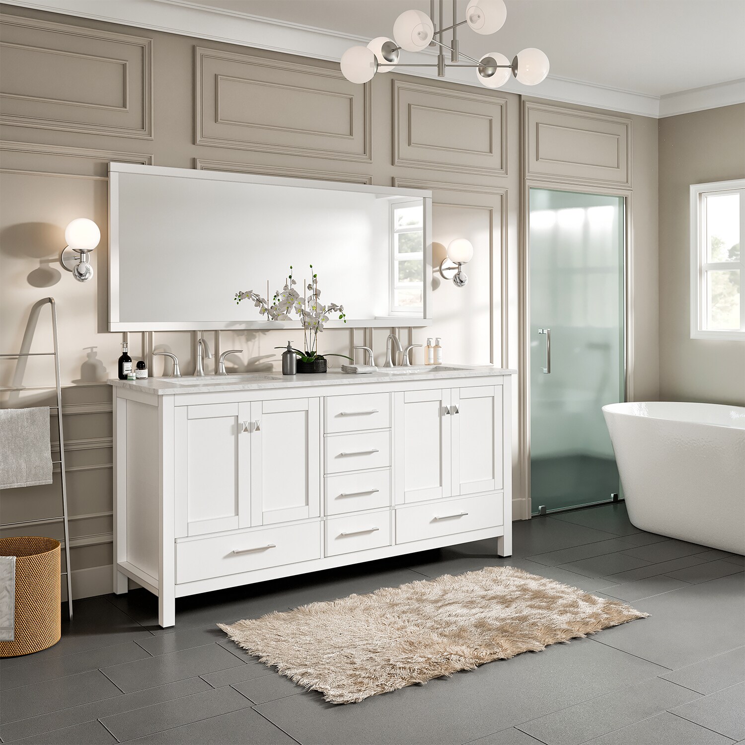 Eviva Aberdeen 60 Transitional Grey Bathroom Vanity with White Carrera  Countertop & Double Square Sinks