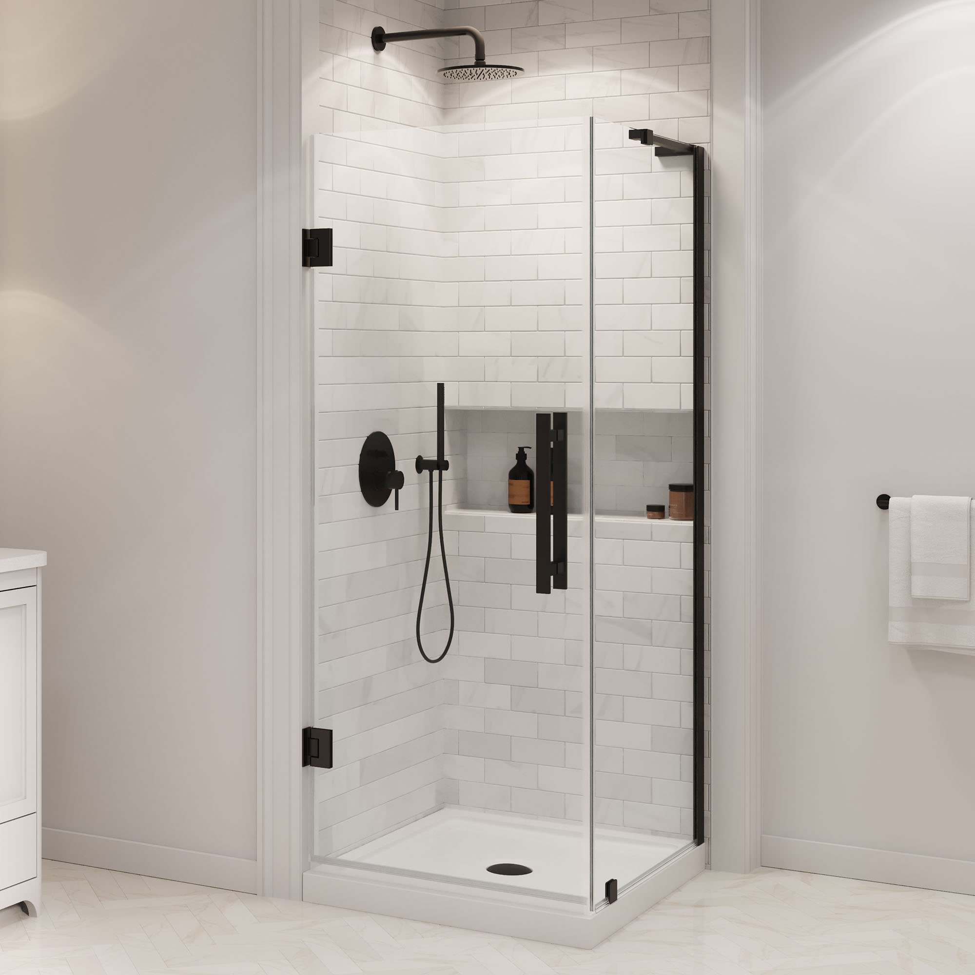OVE Decors 15SKS-PANA32-BLK Panama 3 -Piece 32-in W x 32-in L x 75-in H Rectangular Corner shower kit ( Center Drain) Base and Door Black Hardware Included