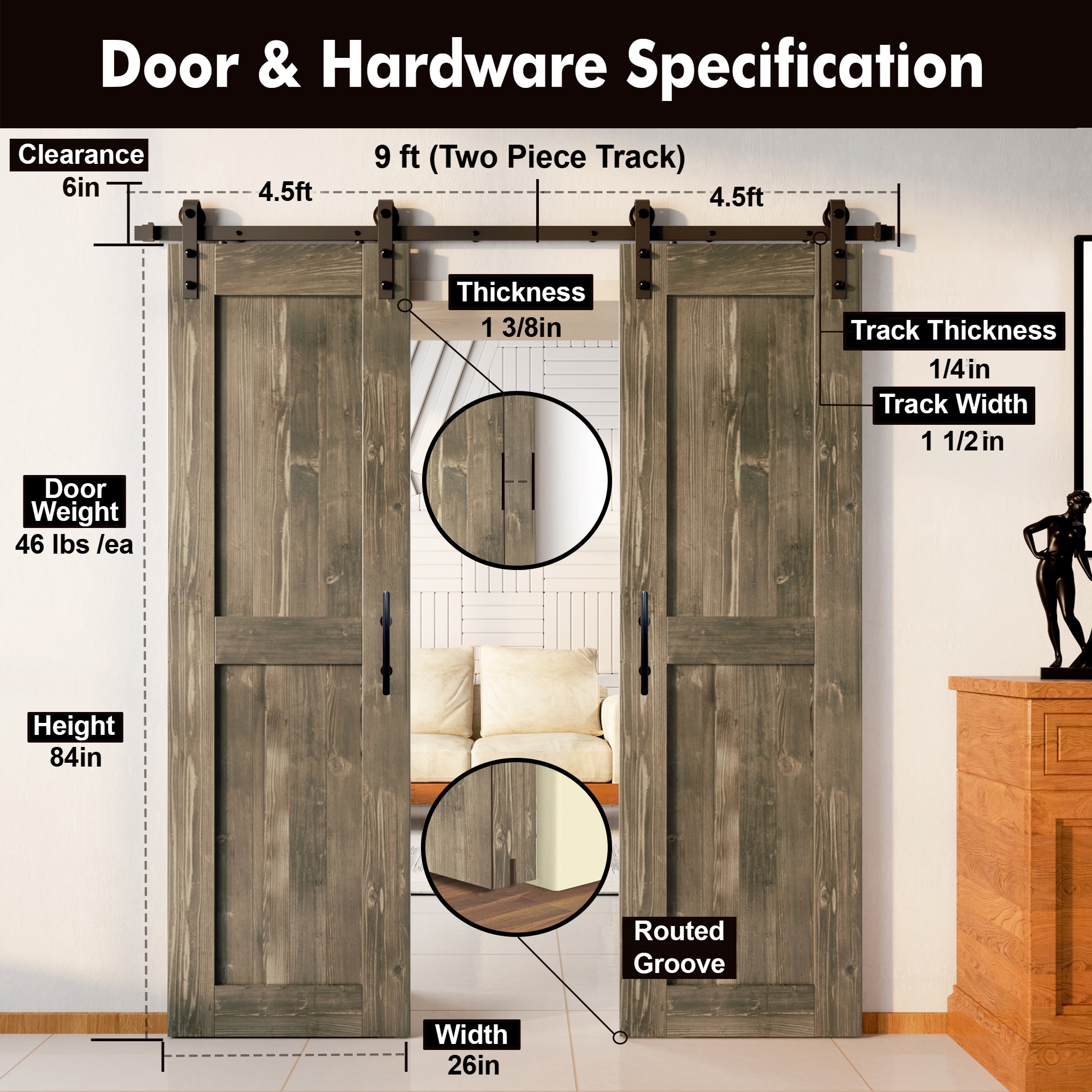 HOMACER YT2TGH108C-2684-H-GR Barn-Doors - View #7