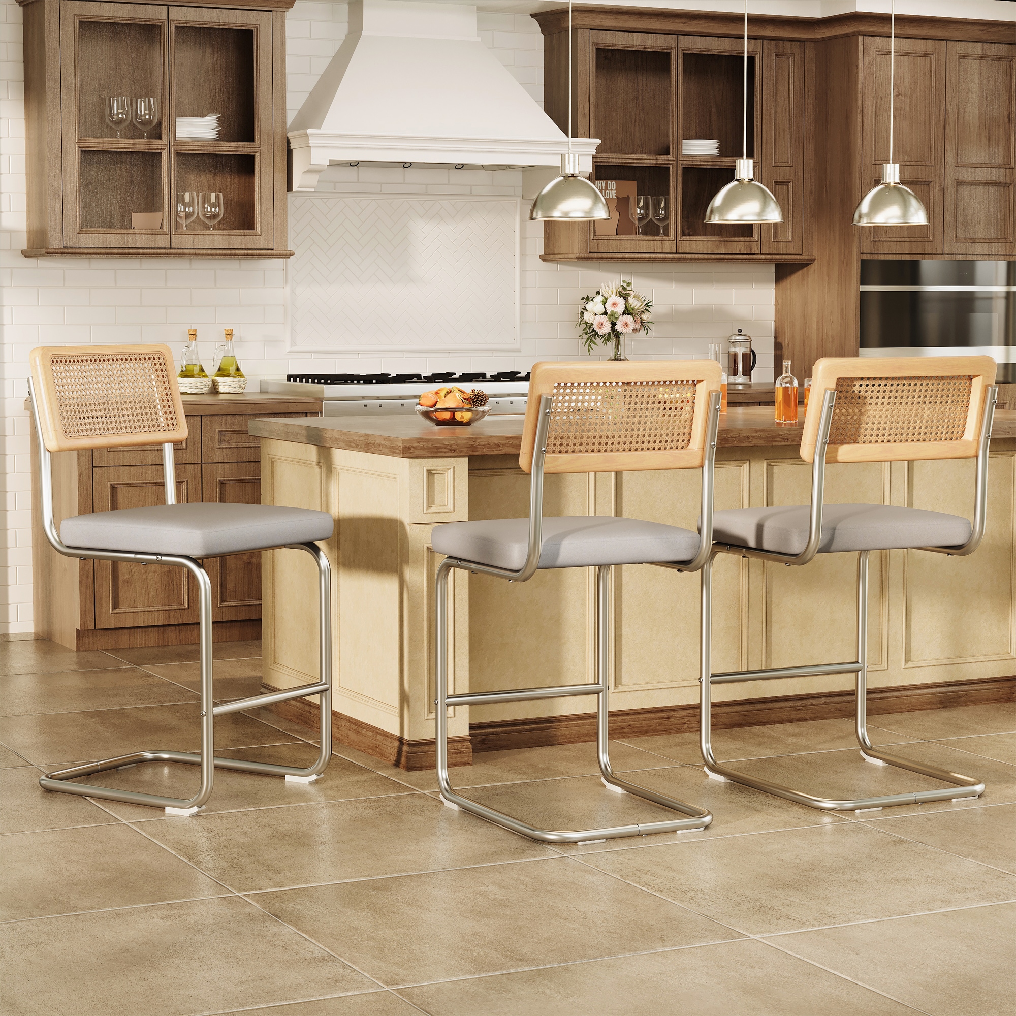 JEAREY - 3Pcs Bar stool 26.1-in H - Faux Leather Upholstered - Rattan Backrest Iron Frame - Count...