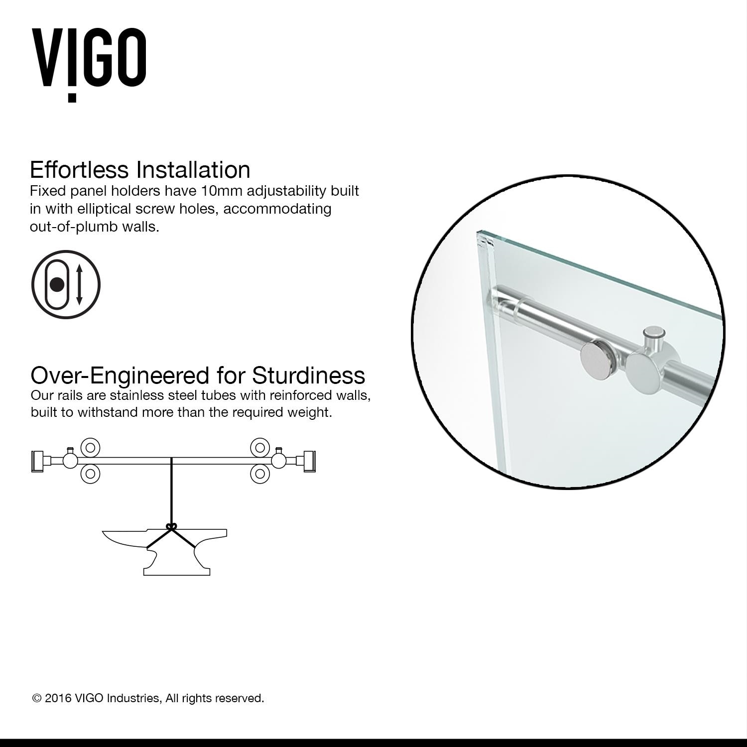 VIGO Elan 56-in to 60-in x 66-in Frameless Sliding Stainless Steel Alcove  Bathtub Door at
