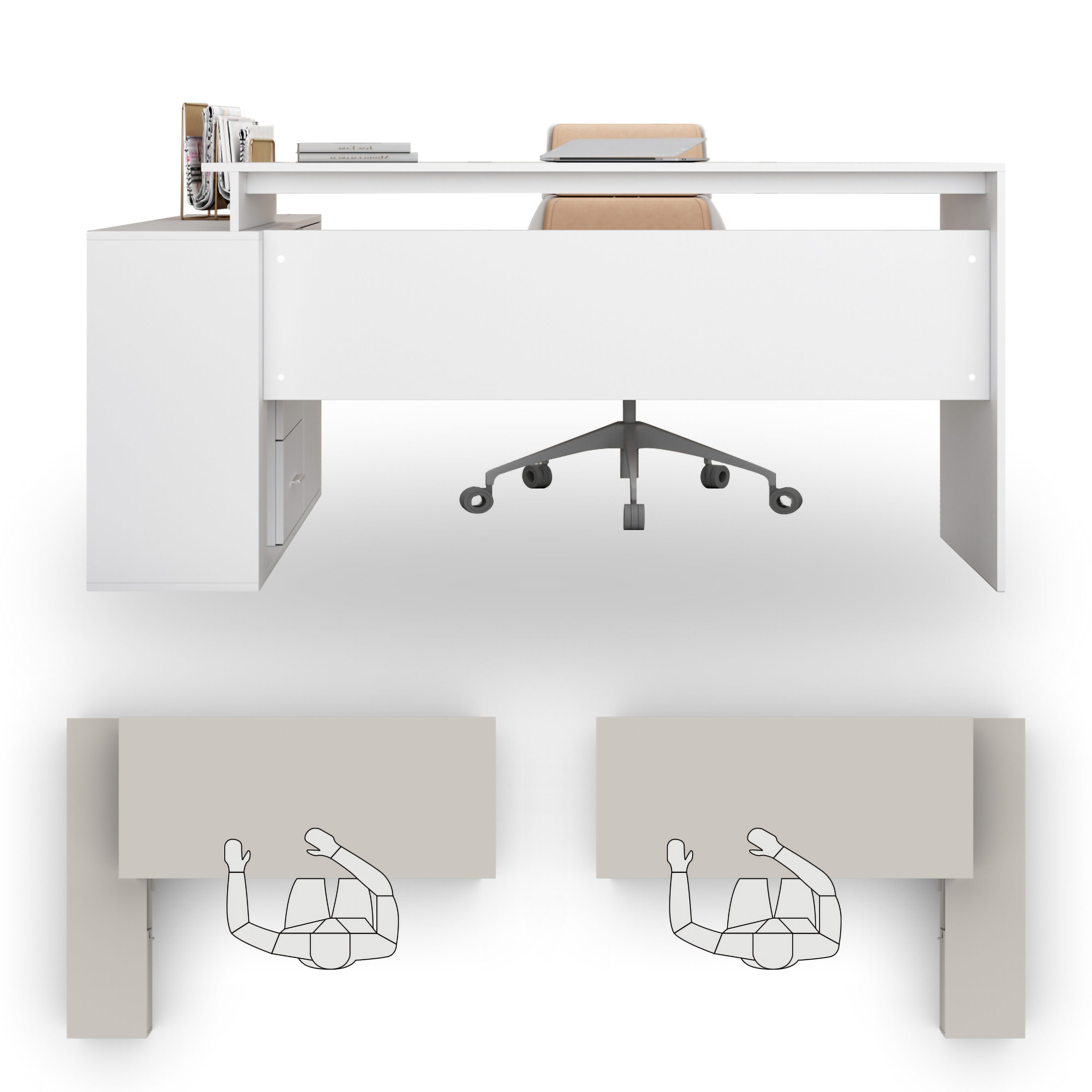 FUFU&GAGA 63 in. W-28.7 in. H White Computer Desk with 3-Drawers, 1-Storage Cabinet and 2-Adjustable Shelves