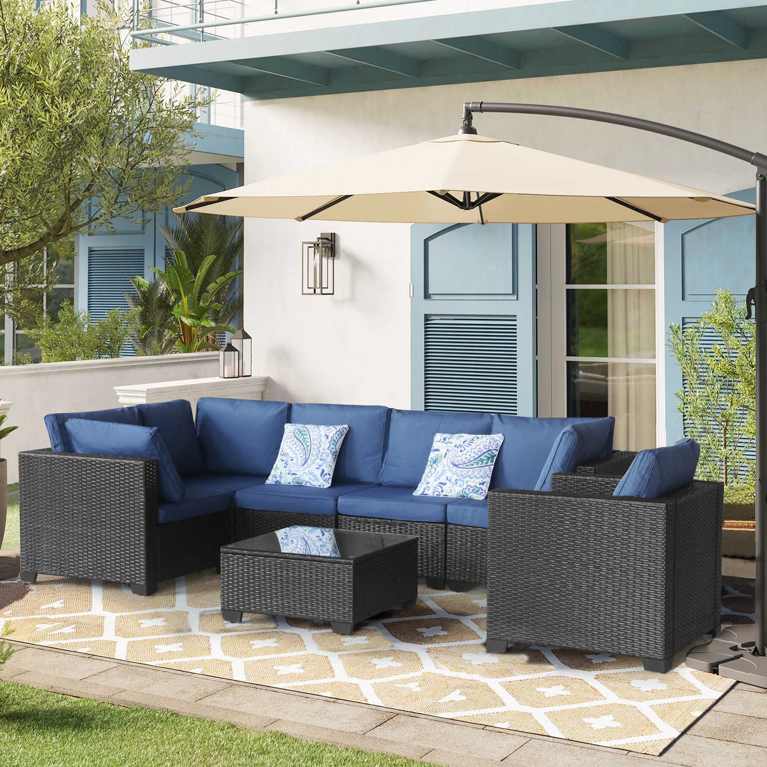 CASAINC CEW-HZ005-GR 7 Pieces Outdoor Patio Furniture Conversation Sets 7 -Piece Wicker Patio Sofa Conversation Set with Blue Cushions