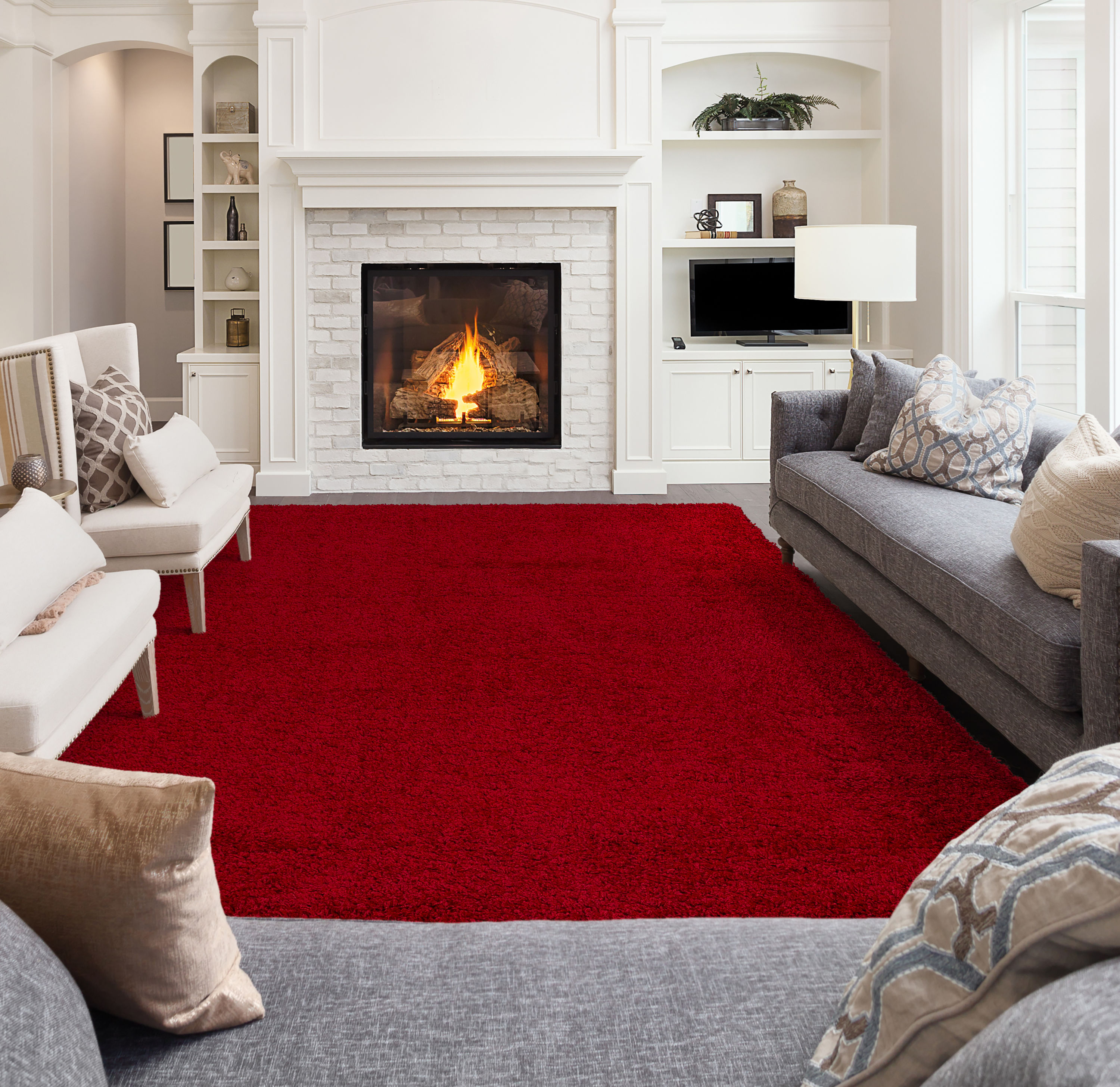 Ottomanson FFY4760-5X7 Fluffy 5 x 7 (ft) Flatweave Polypropylene Red Rectangular Indoor Solid Mid-Century Modern Area rug