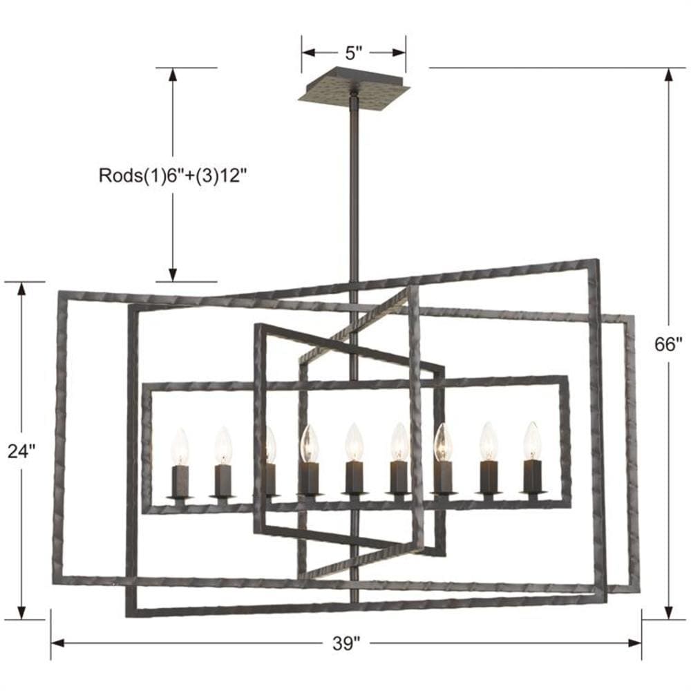 Raw Steel Crystal 9-Light Chandelier with Iron Rectangles