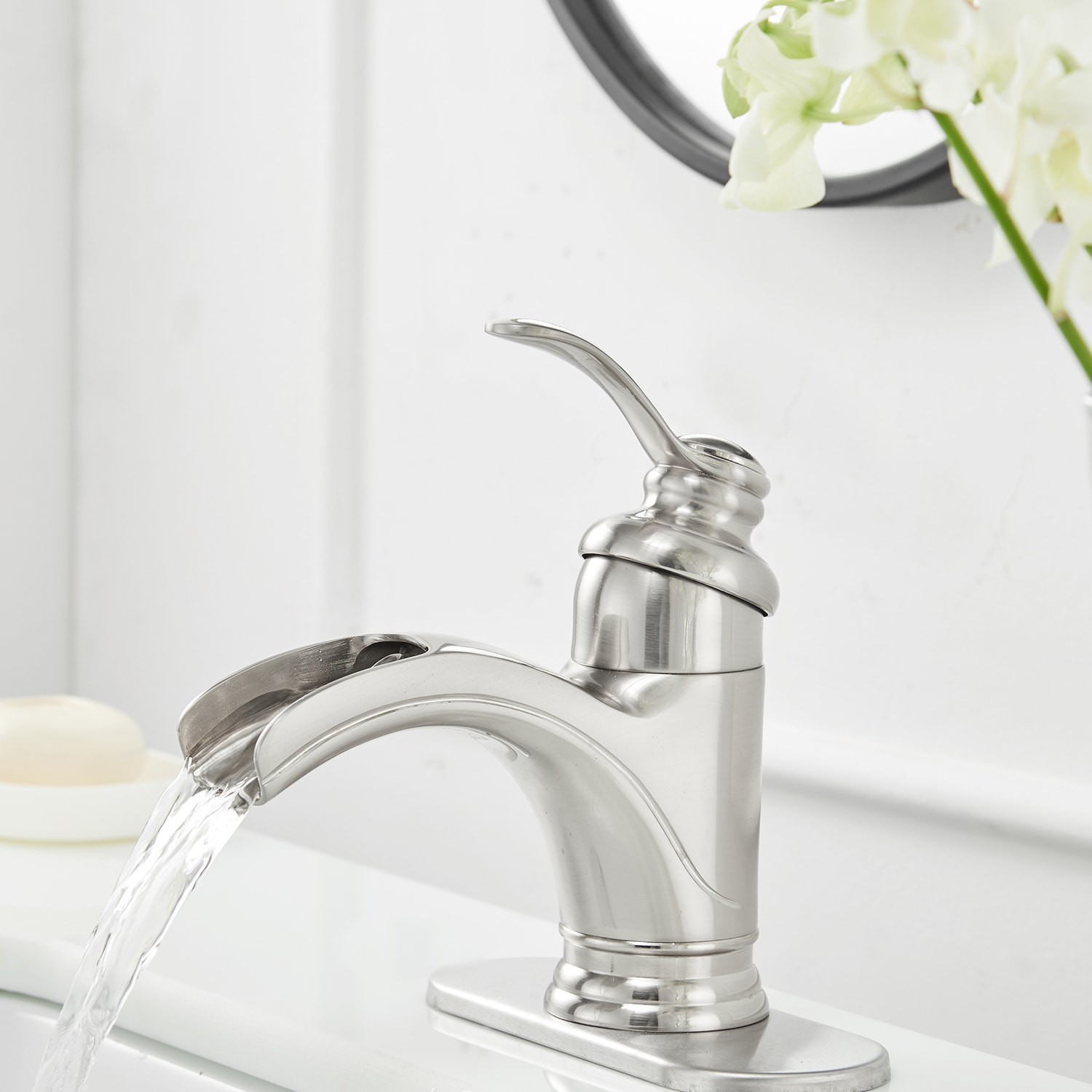 BWE Brushed Nickel Single Hole 1-Handle Waterfall Bathroom Sink Faucet ...